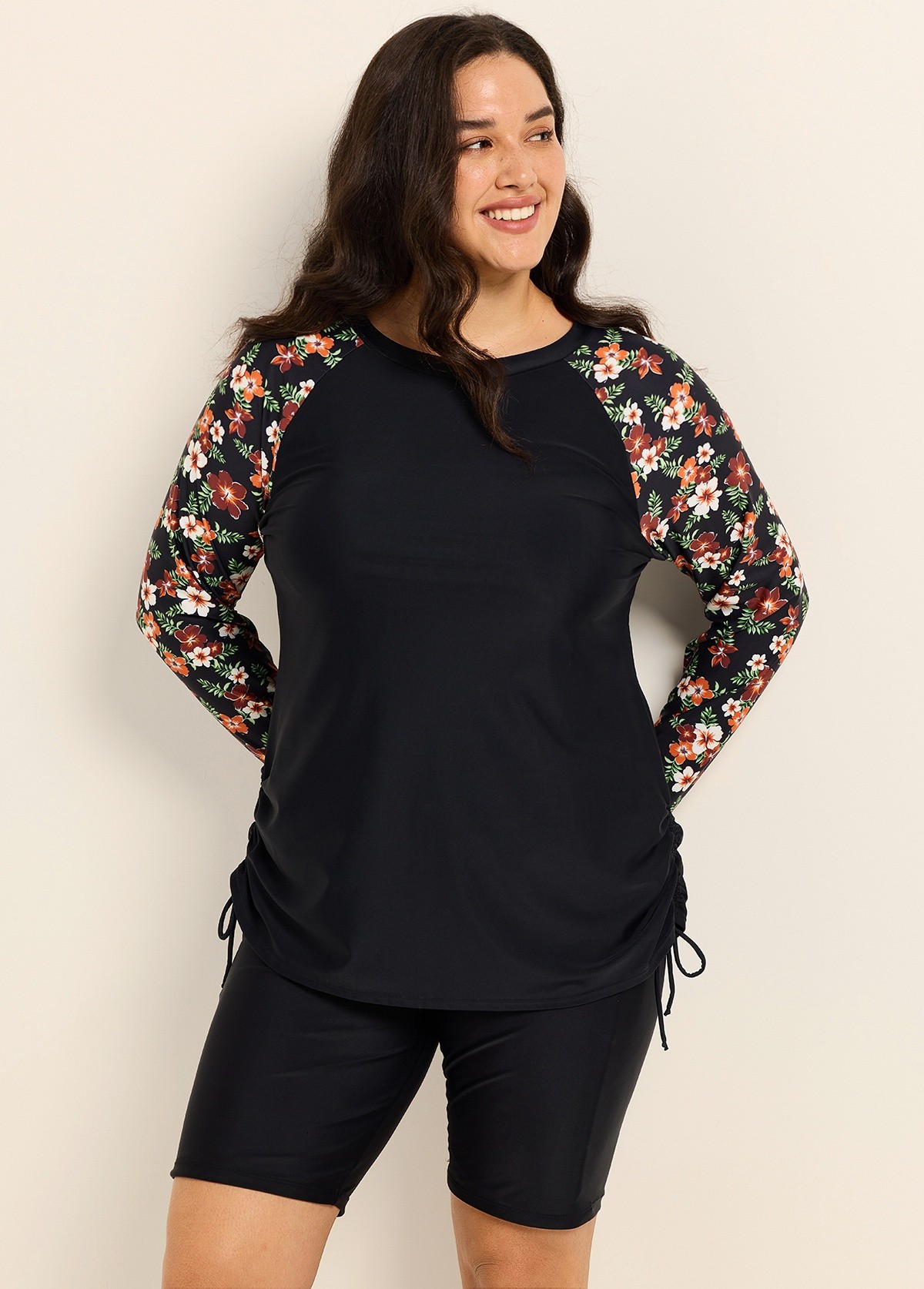 Black Floral Print Upf50+ Long Sleeves Modest Drawstring Plus Size Women's Swimsuit Tankini Top