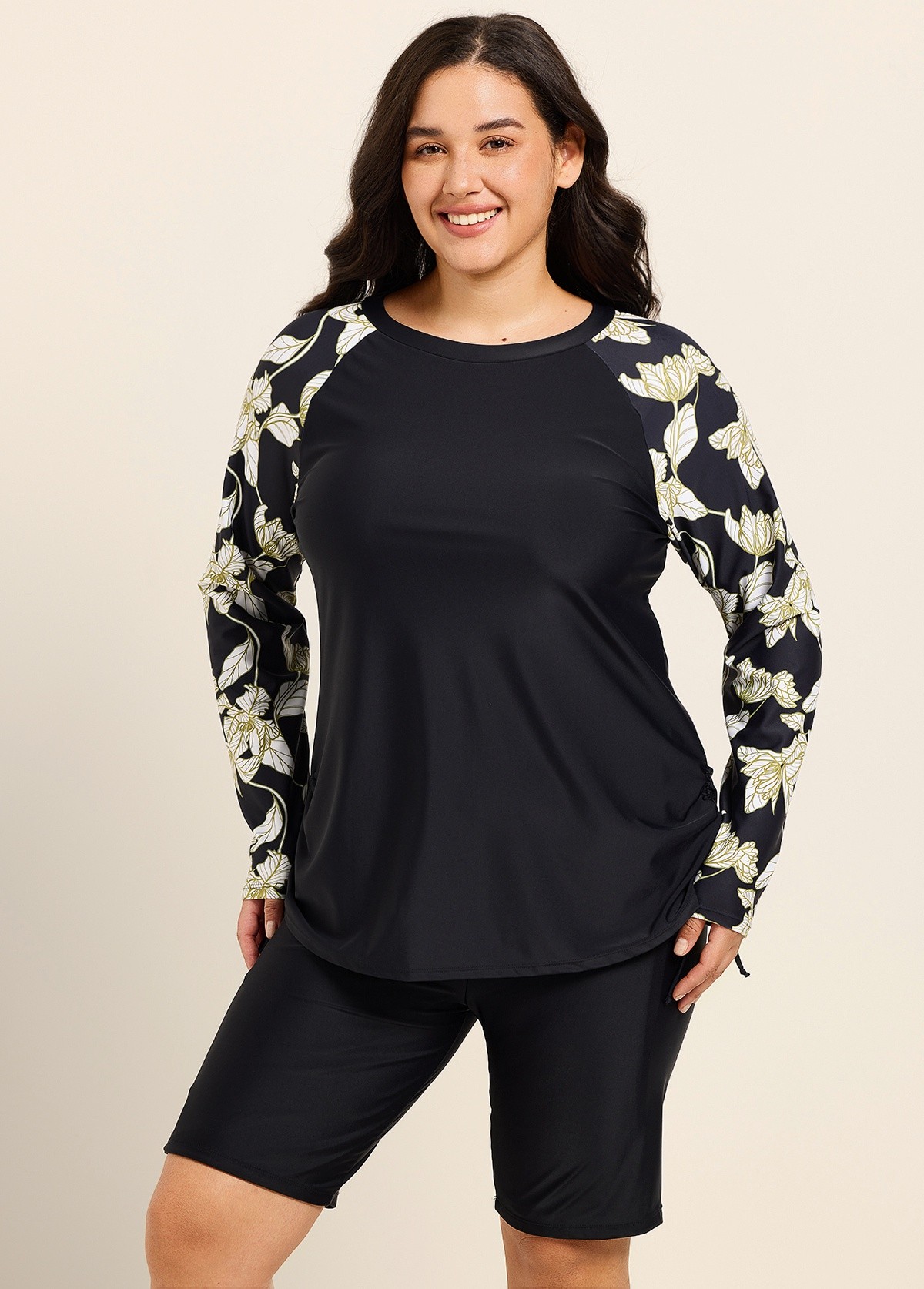 Black Leaf Upf50+ Long Sleeves Modest Plus Size Women's Swimsuit Tankini Top