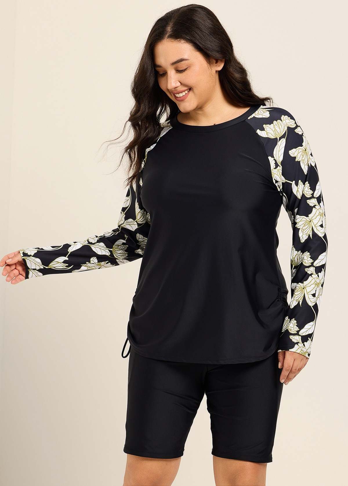 Black Leaf Upf50+ Long Sleeves Modest Plus Size Women's Swimsuit Tankini Top