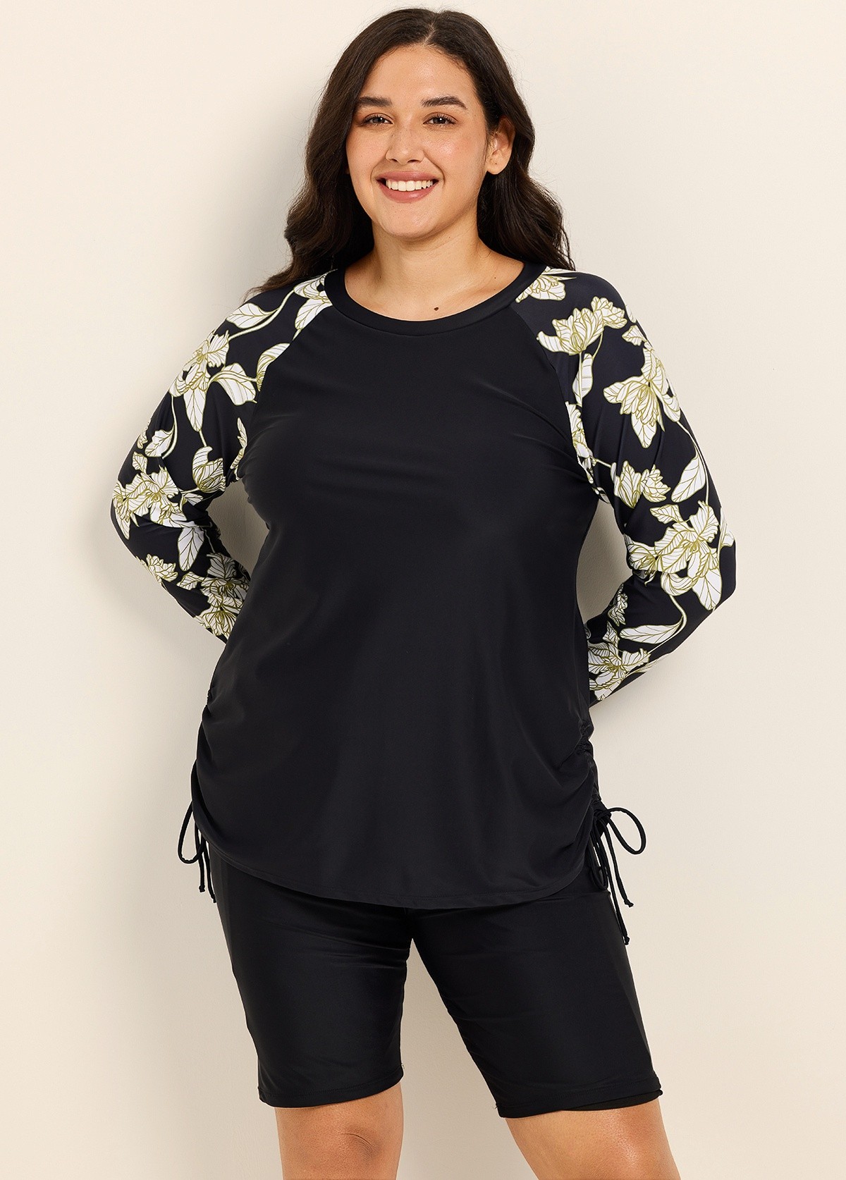 Black Leaf Upf50+ Long Sleeves Modest Plus Size Women's Swimsuit Tankini Top