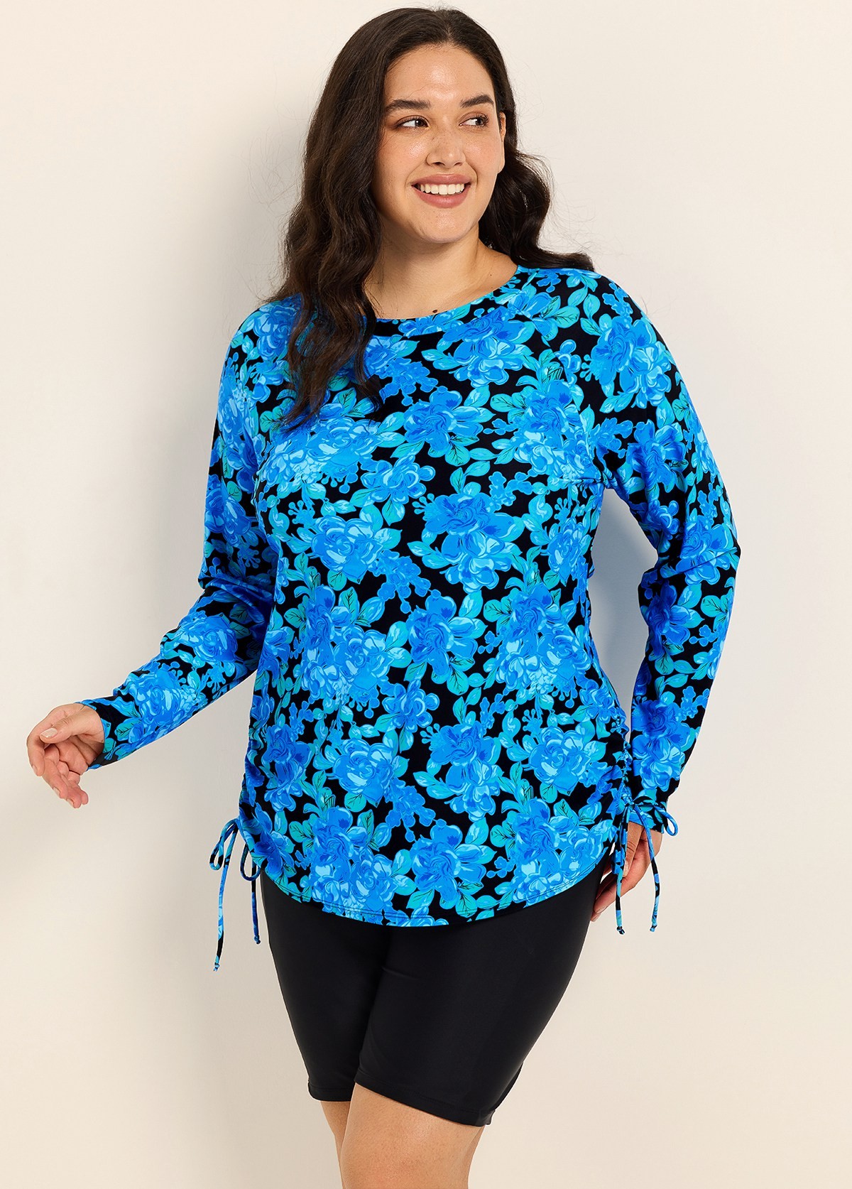 Curvy Blue Floral Upf50+ Long Sleeves Vintage Women's Swimsuit Tankini Top