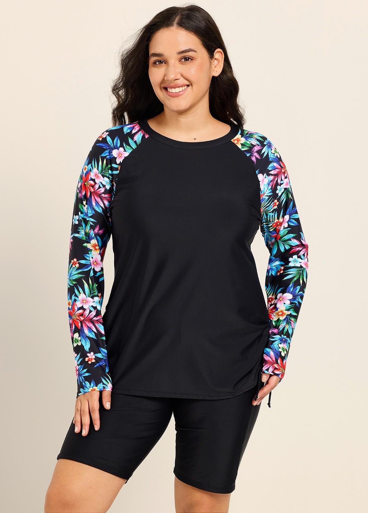 Plus Size Black Floral Upf50+ Long Sleeves Modest Women's Swimsuit Tankini Top