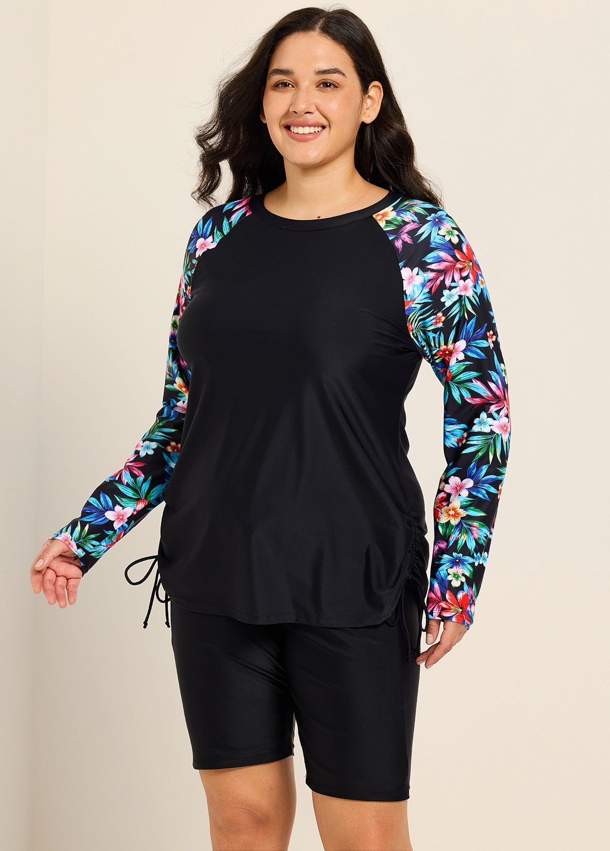 Plus Size Black Floral Upf50+ Long Sleeves Modest Women's Swimsuit Tankini Top