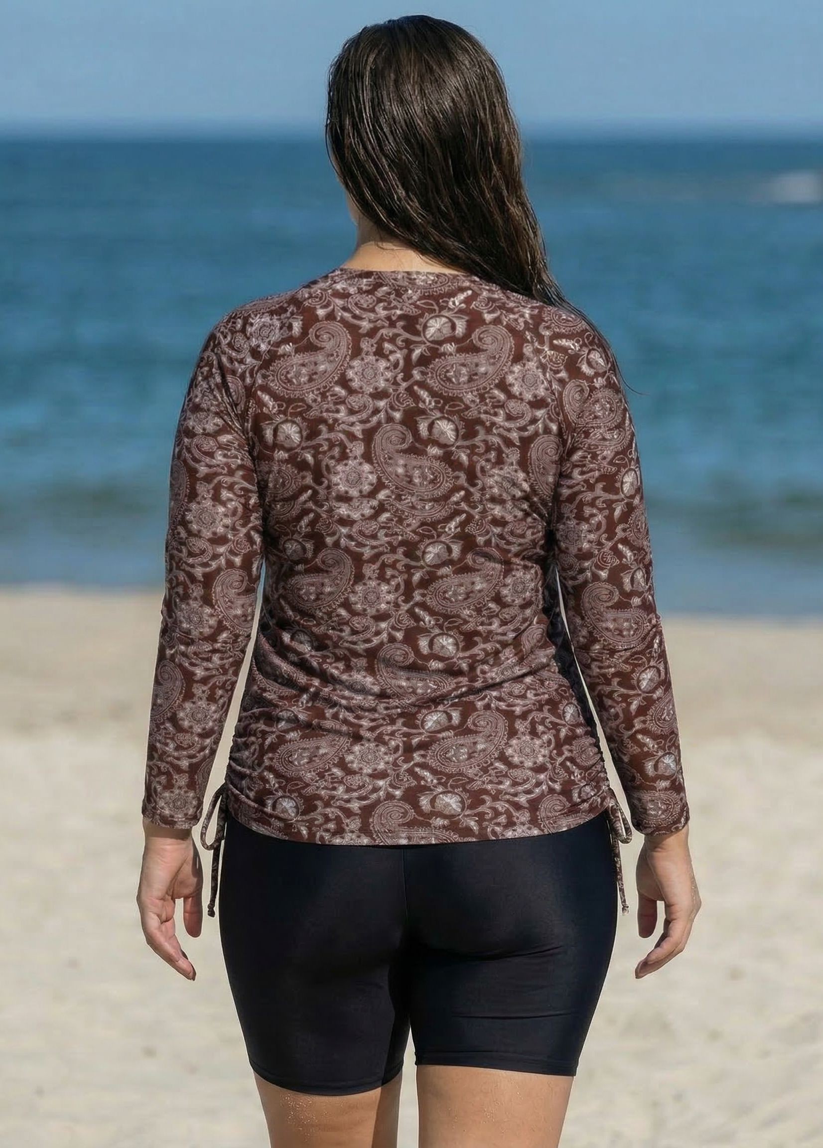 Brown Paisley Upf50+ Long Sleeves Drawstring Plus Size Women's Swimsuit Tankini Top