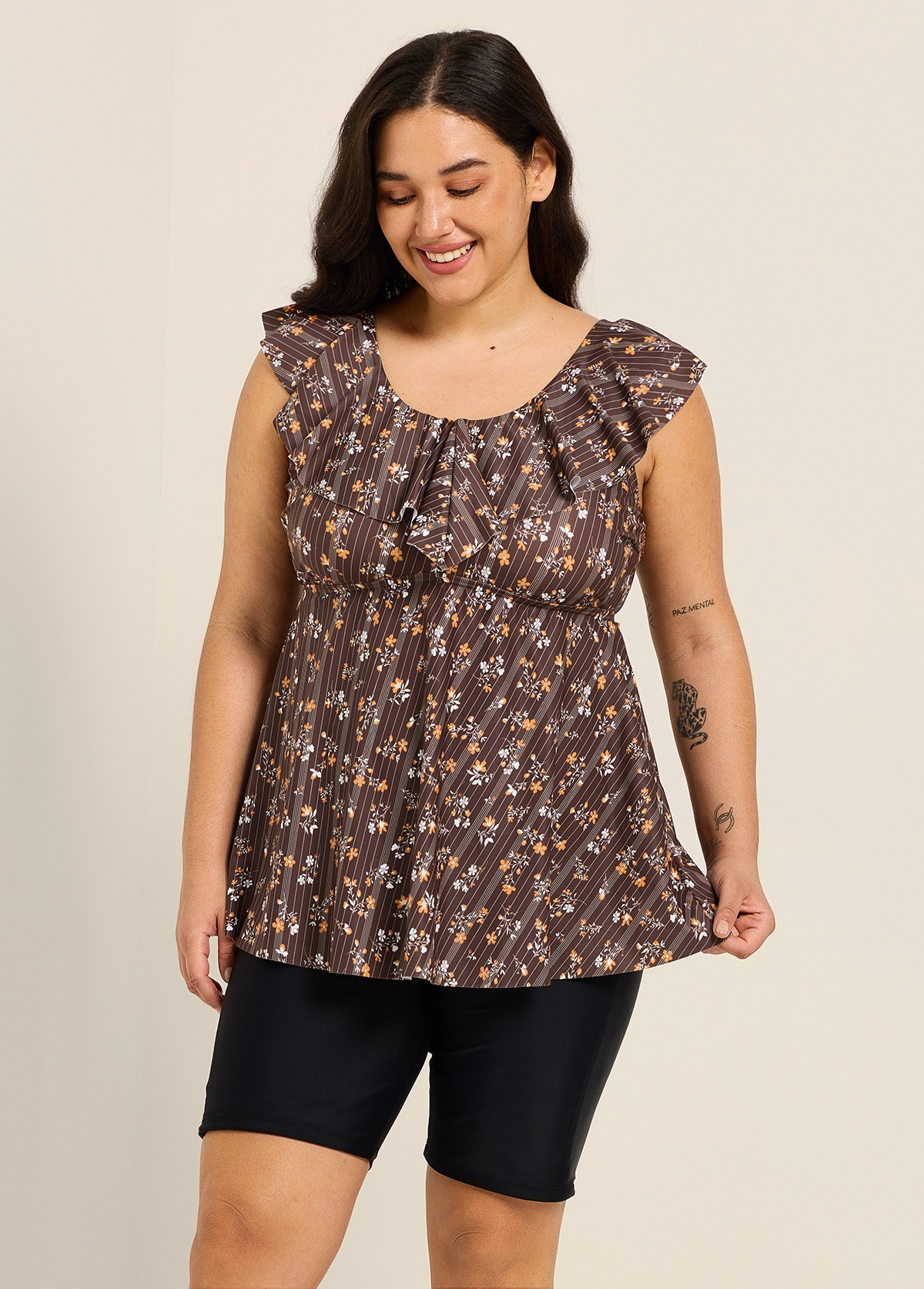 Brown Striped Floral Print Scoop Neck Modest Built In Bra Ruffle Curvy Women's Swimsuit Tankini Top