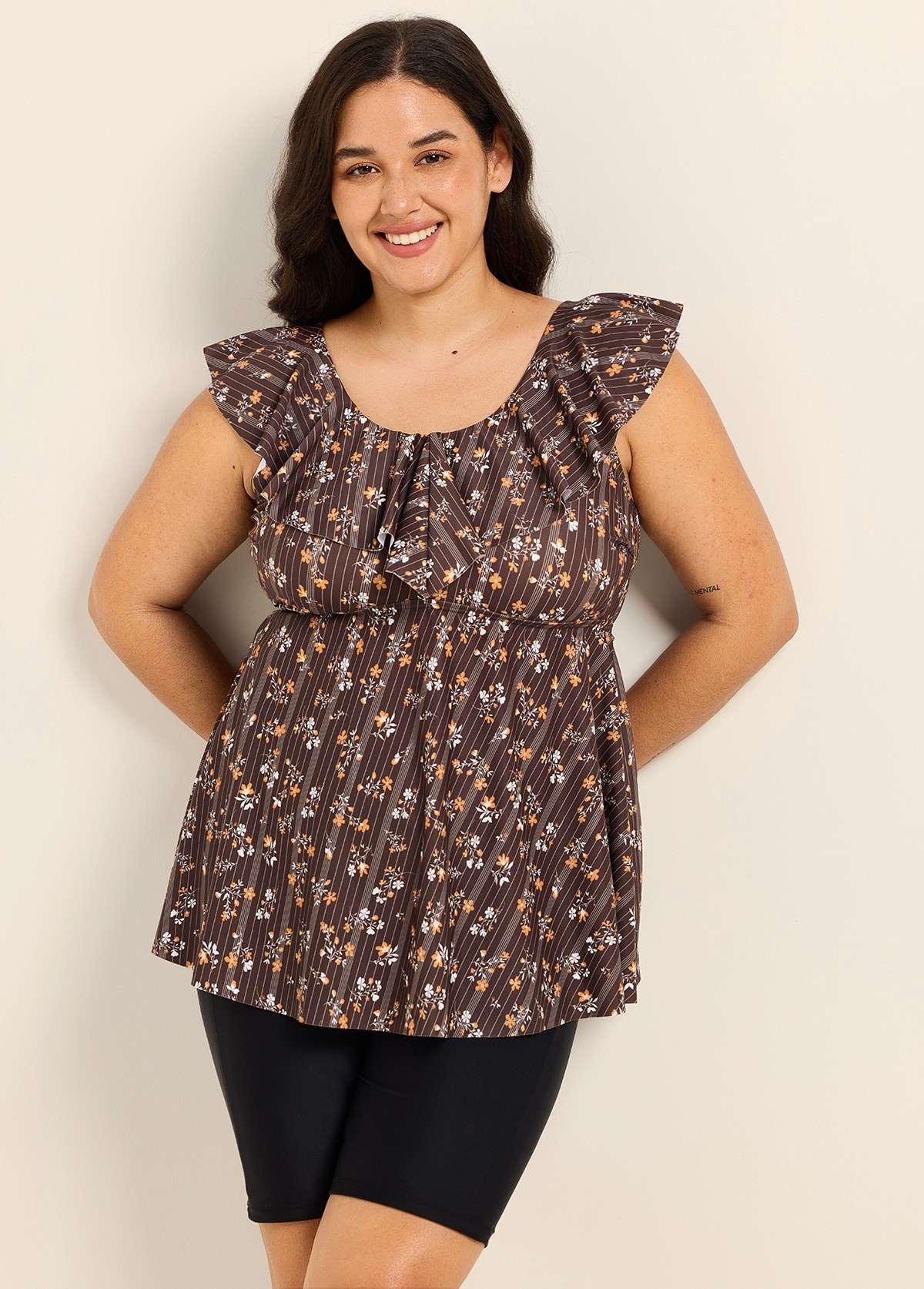 Brown Striped Floral Print Scoop Neck Modest Built In Bra Ruffle Curvy Women's Swimsuit Tankini Top