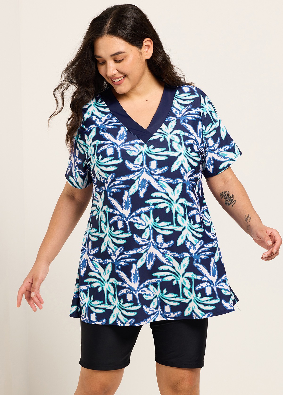 Curvy Blue Leaf V Neck Upf50+ Short Sleeves Modest Padded Swimsuit Long Tankini Top
