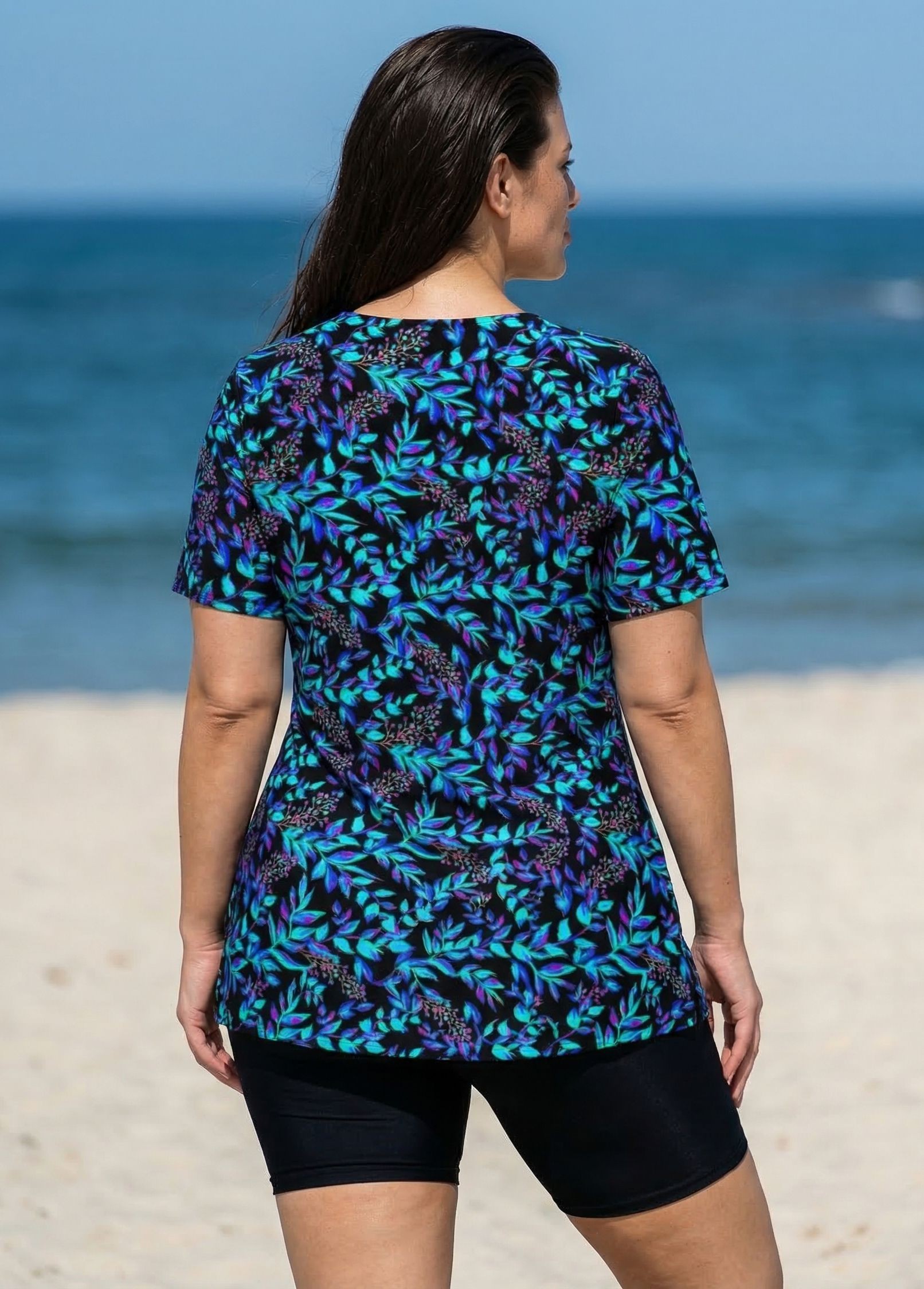 Green Iridescent Leaf Print V Neck Upf50+ Short Sleeves Flattering Curvy Swimsuit Tankini Top