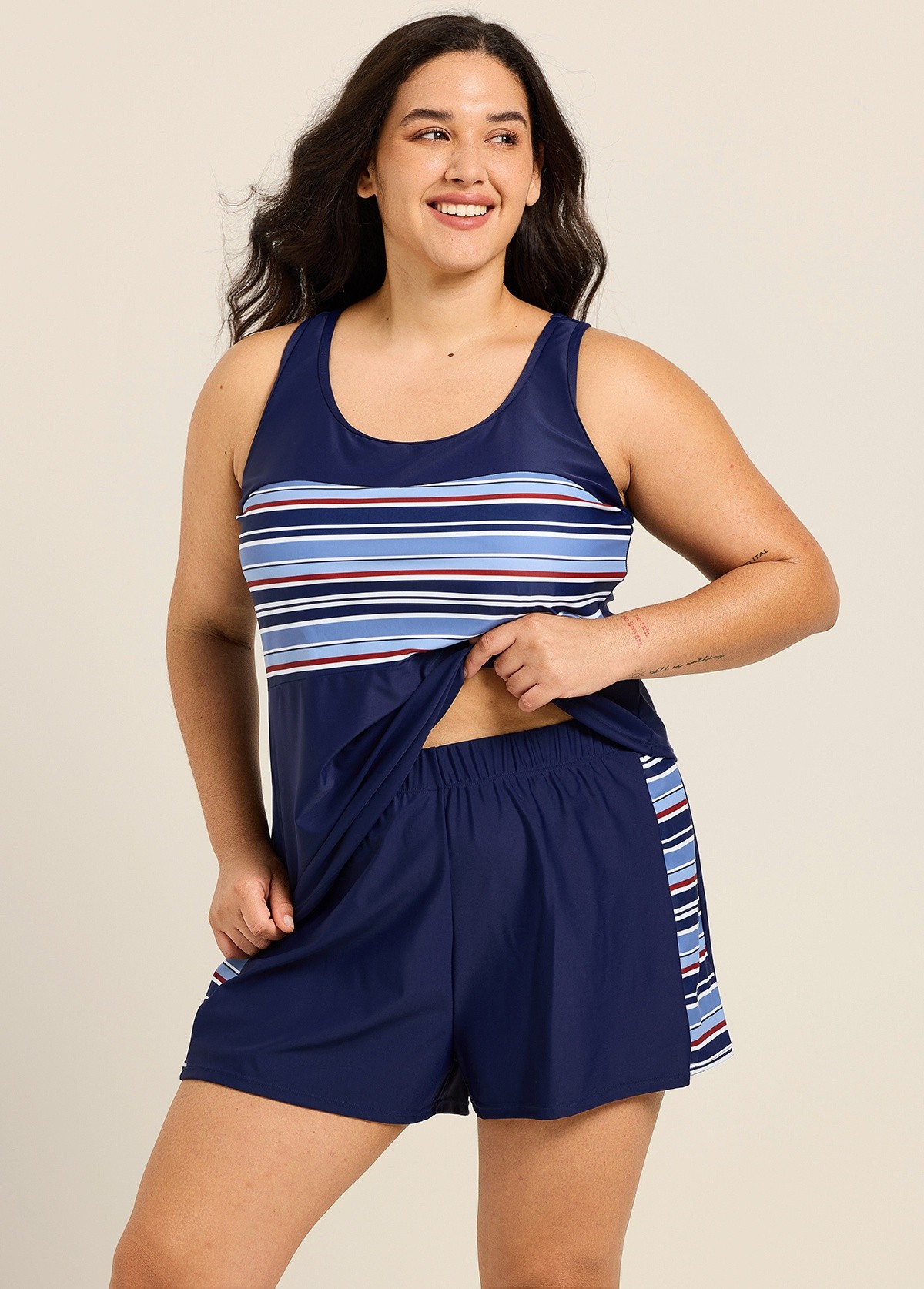 Navy Stripe Contrast Scoop Neck Flattering Curvy Swimsuit Two Piece Tankini Set