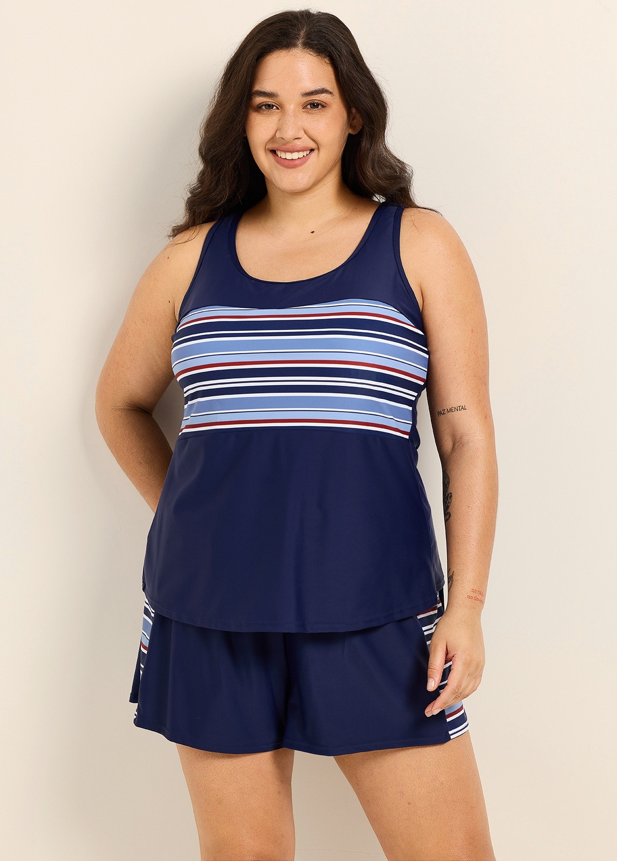 Navy Stripe Contrast Scoop Neck Flattering Curvy Swimsuit Two Piece Tankini Set