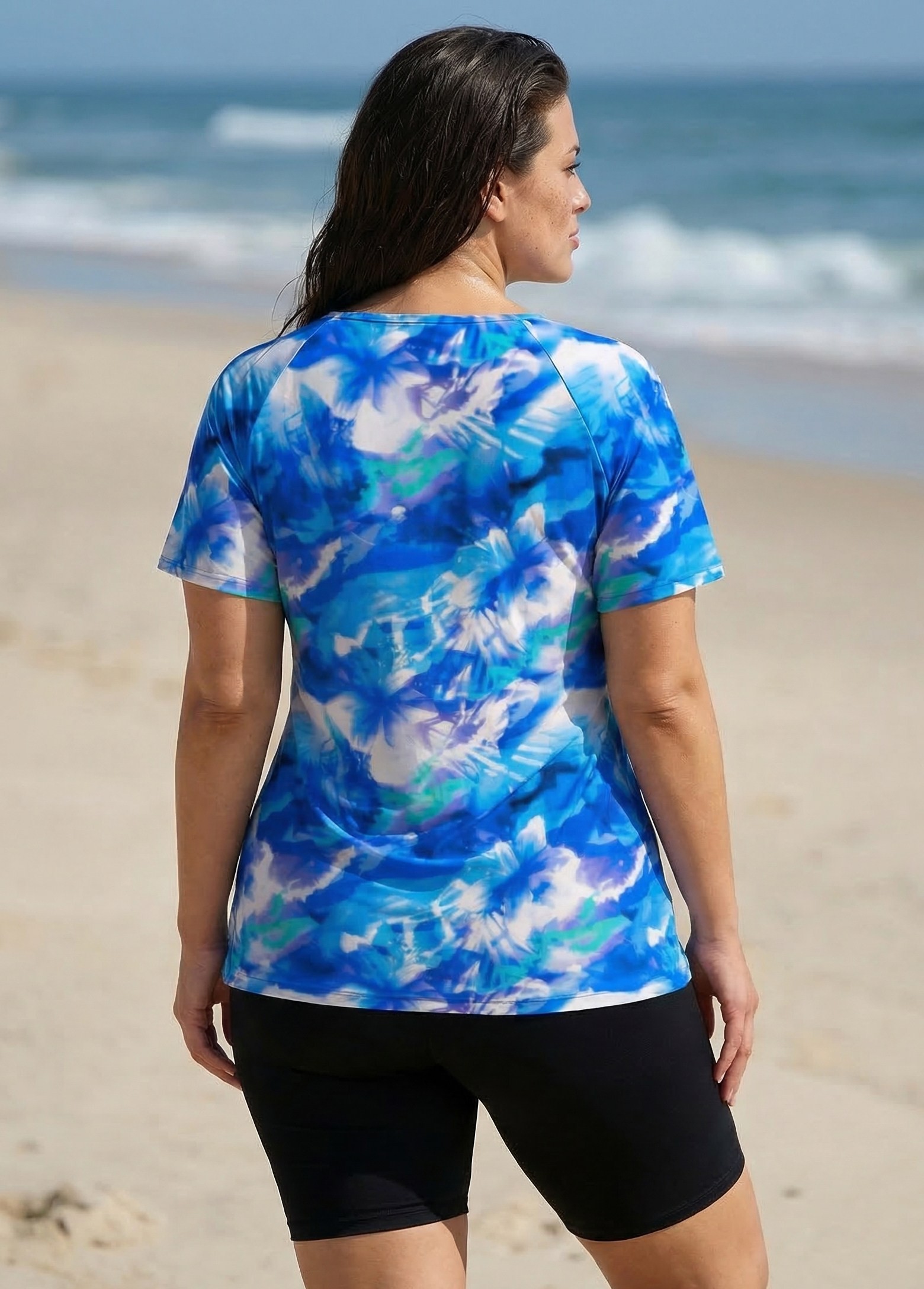 Plus Size Blue Floral Upf50+ Short Sleeves Vintage Side Drawstring Swimsuit Tankini Top