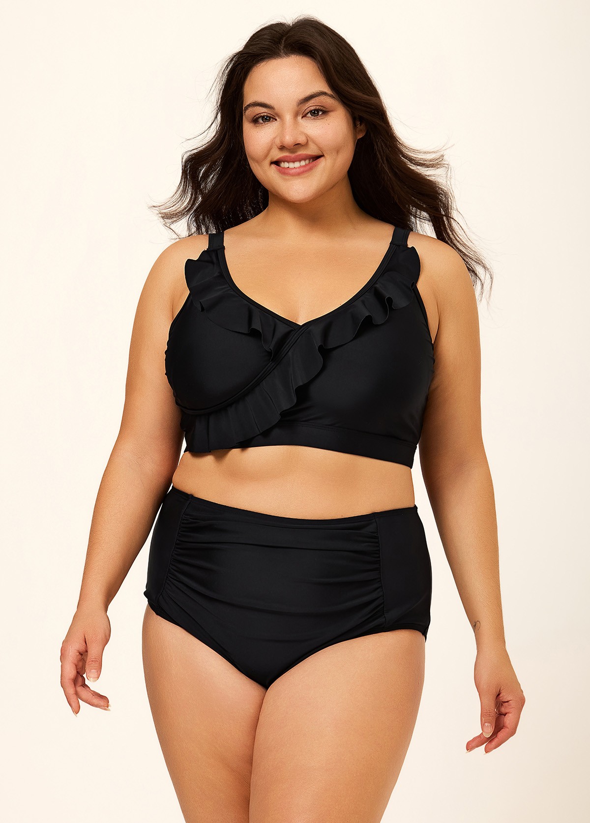 Plus Size Black With Frill Details Modest Elegant Bikini Swimsuit Top