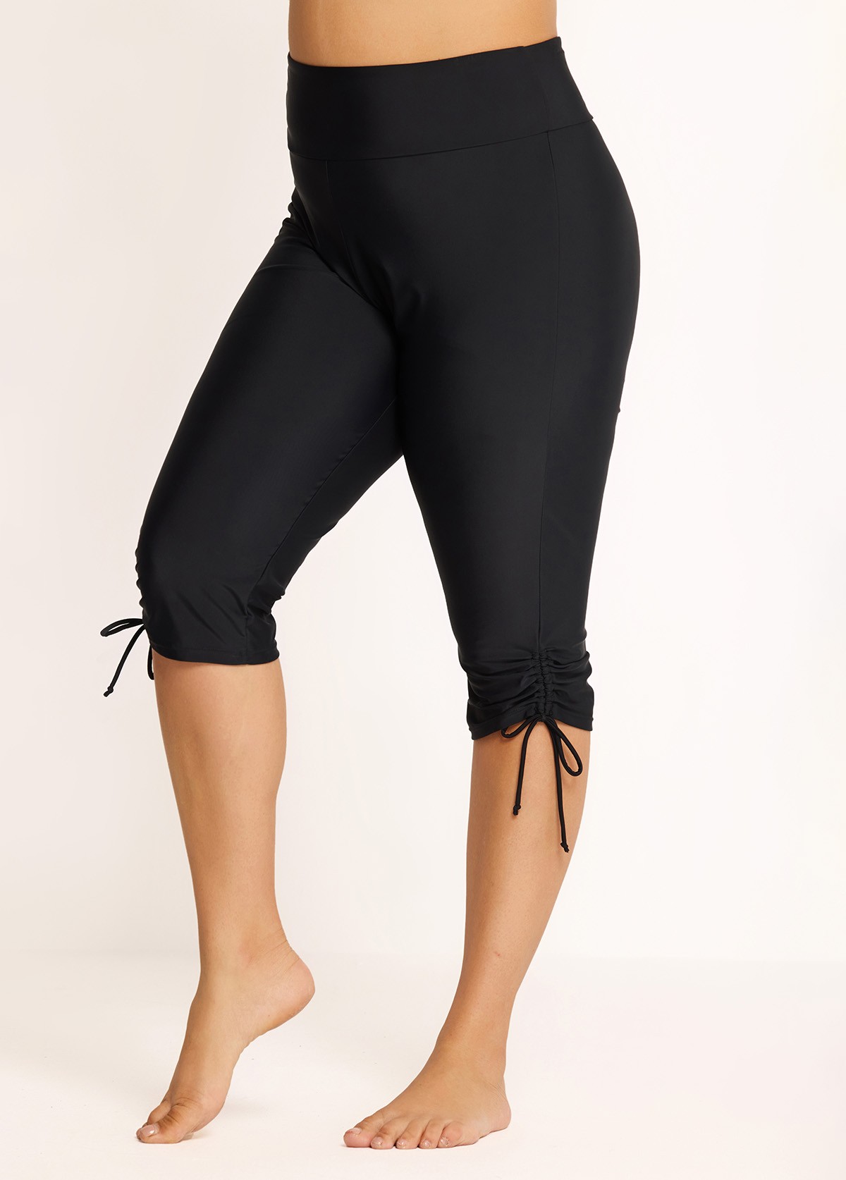Plus Size Black High Waisted Tummy Control Side Drawstring Swimsuits Bottom Capri Pants
