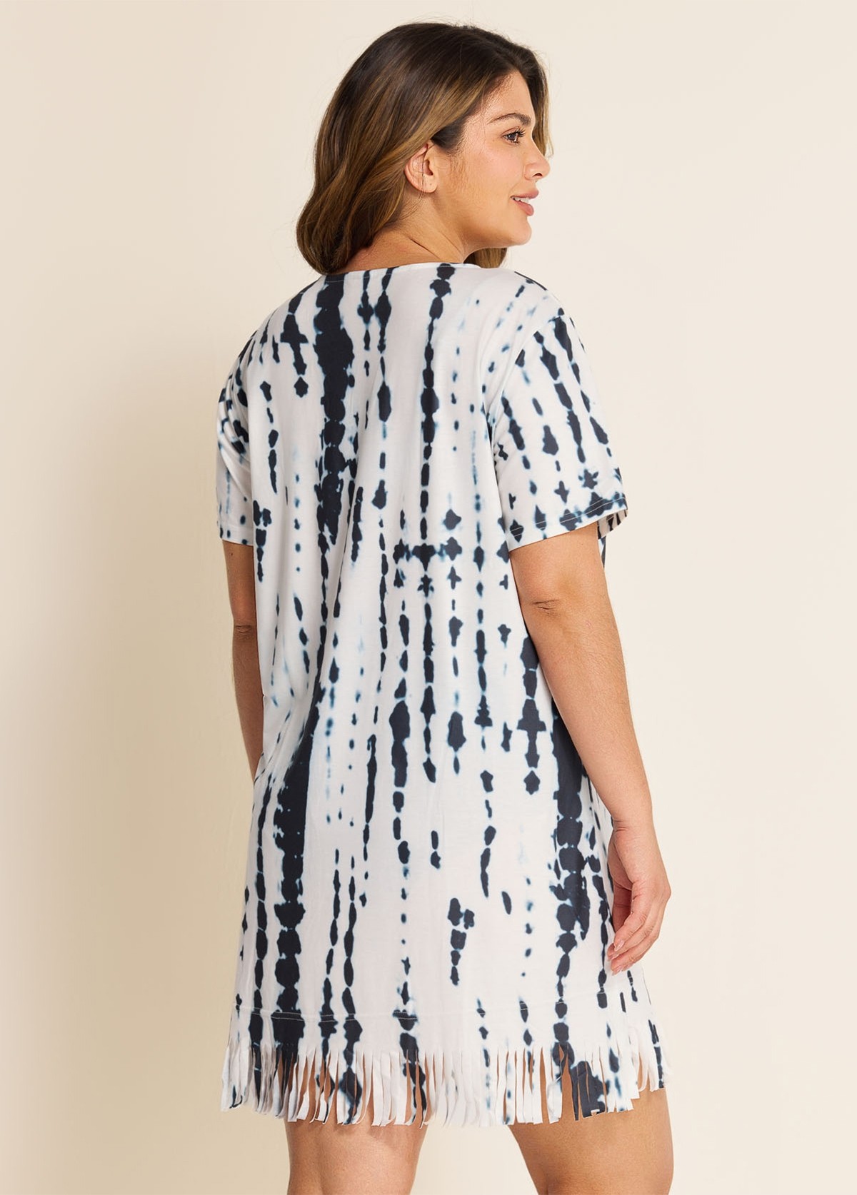 V-Neck Slit Fringe Trim Tunic Cover Up