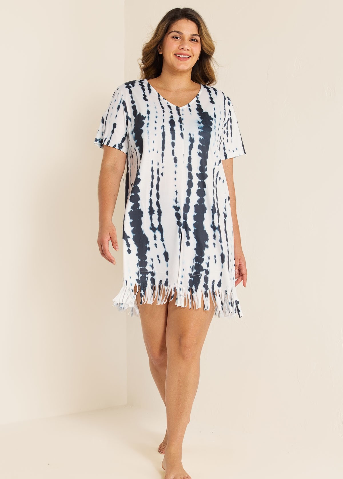 V-Neck Slit Fringe Trim Tunic Cover Up