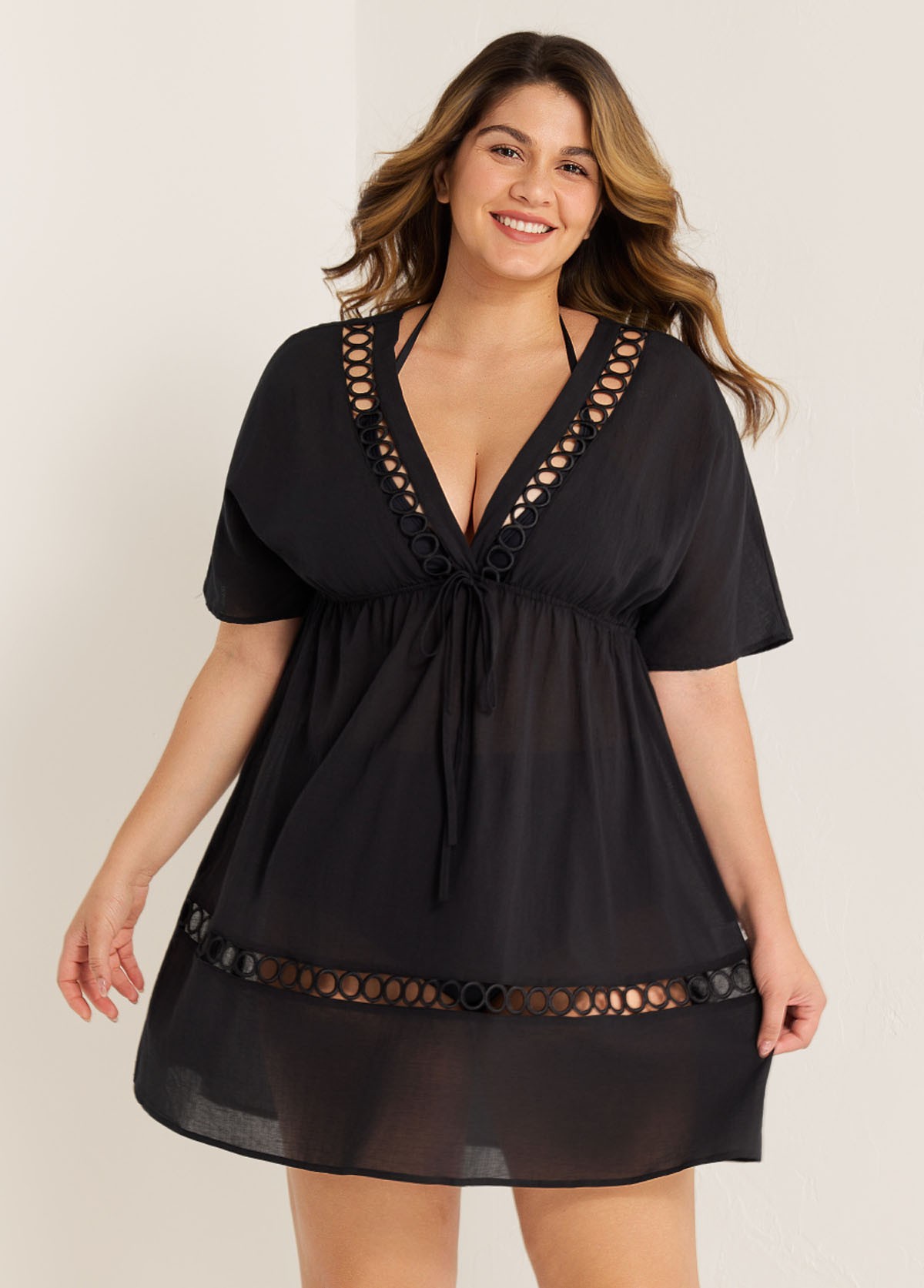 Black Fashionable Plus Size Hollow Out Short Sleeve Cover Up