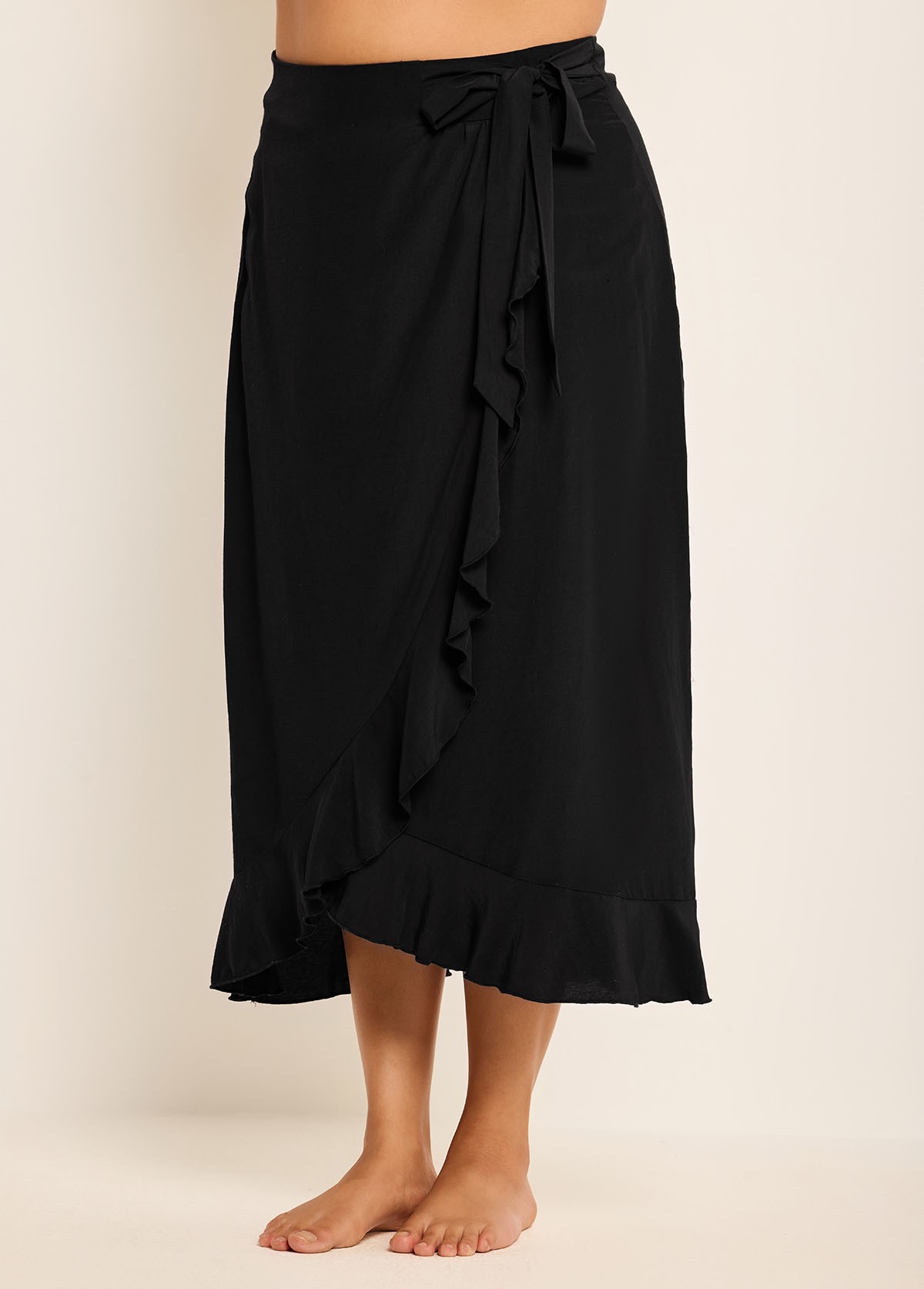 Black Plus Size Holiday Casual Ruffle Trim Tie Wrap Cover Up Skirt