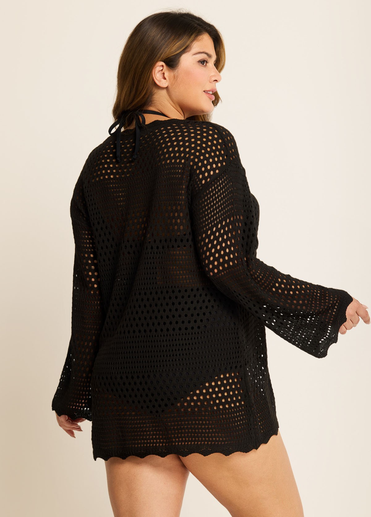 Curvy Black Hollow Crochet Knit Long Sleeves Beach Cover Ups Top