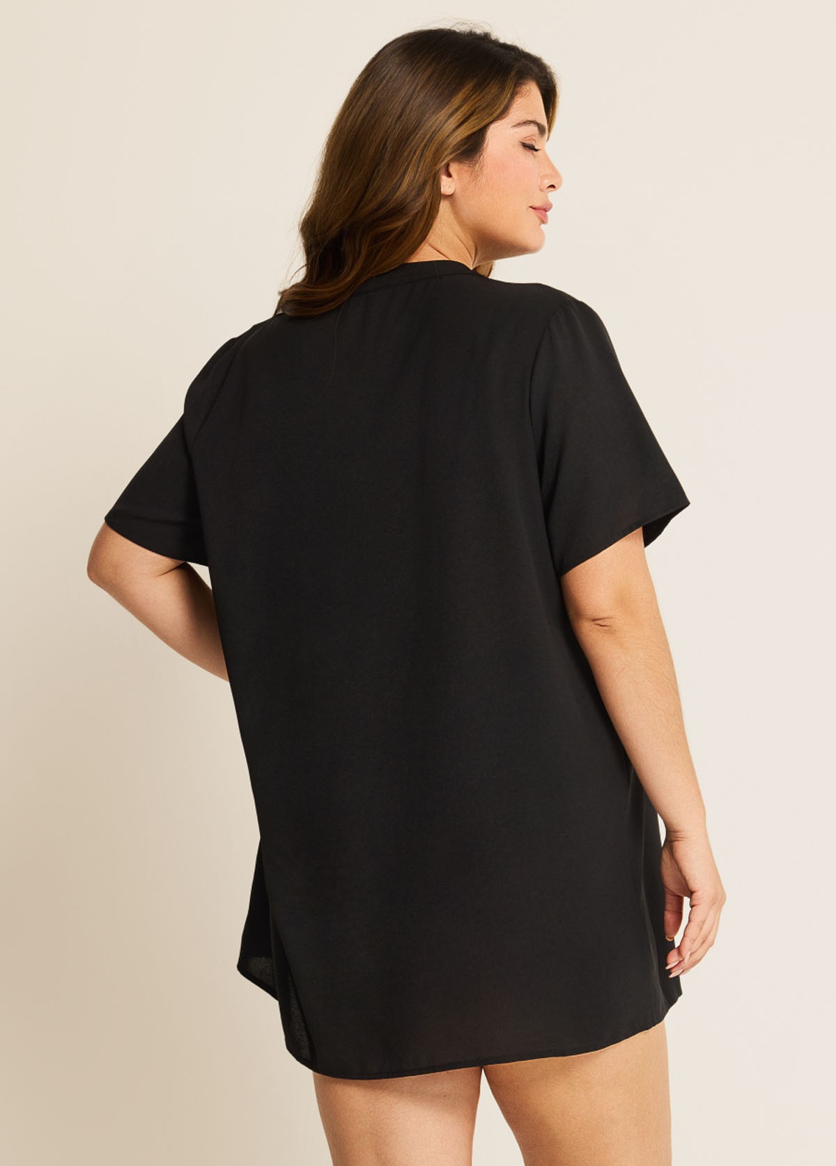 Plus Size Black Short Sleeves Gauze V Neck Beach Cover Ups Dress