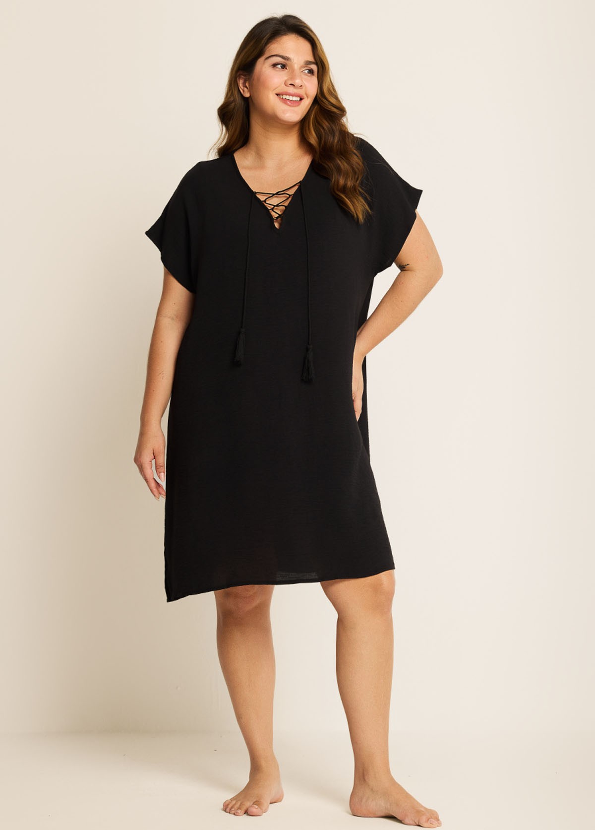 Black Lace Up Neckline Short Sleeves Plus Size Bathing Suit Cover Ups Dress