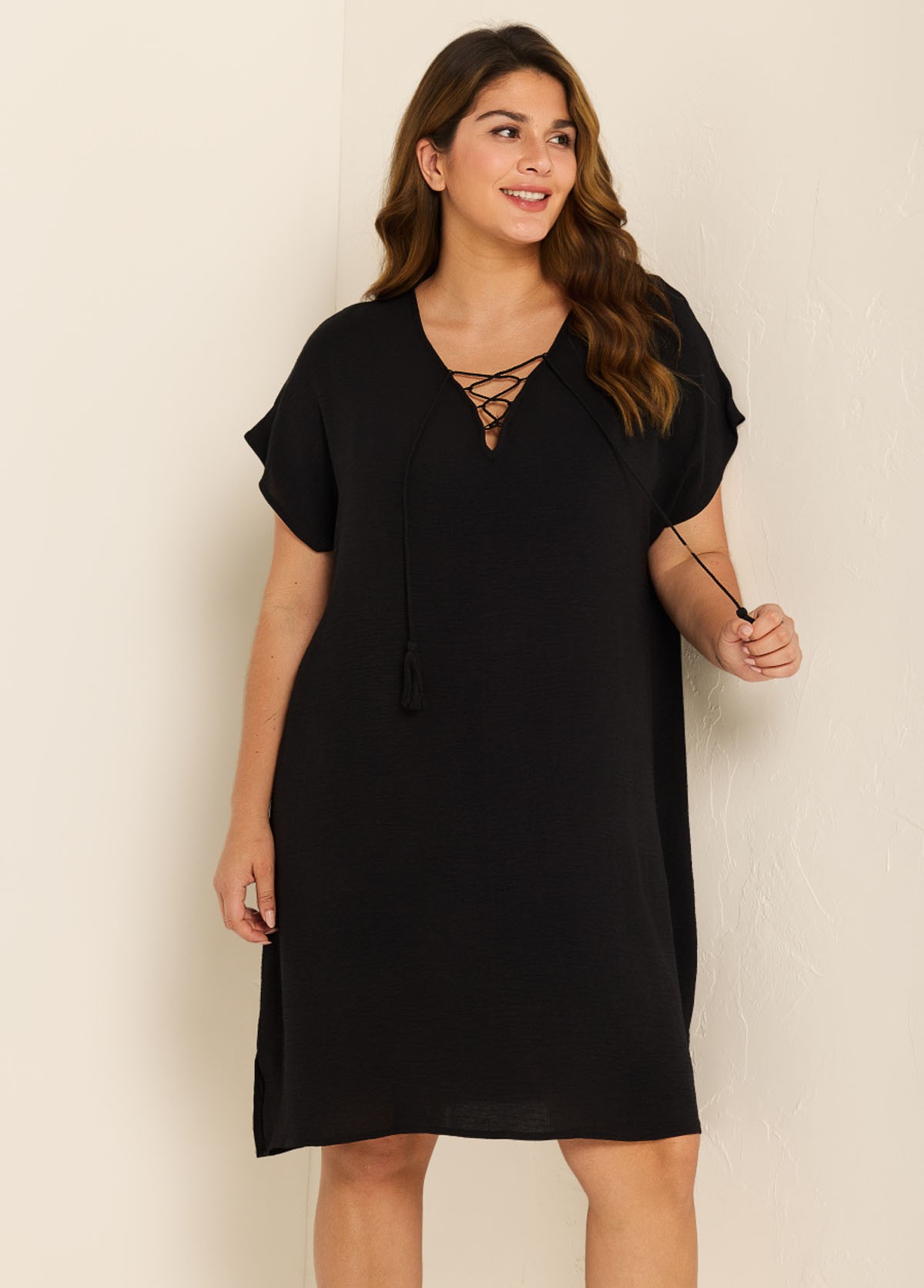Black Lace Up Neckline Short Sleeves Plus Size Bathing Suit Cover Ups Dress
