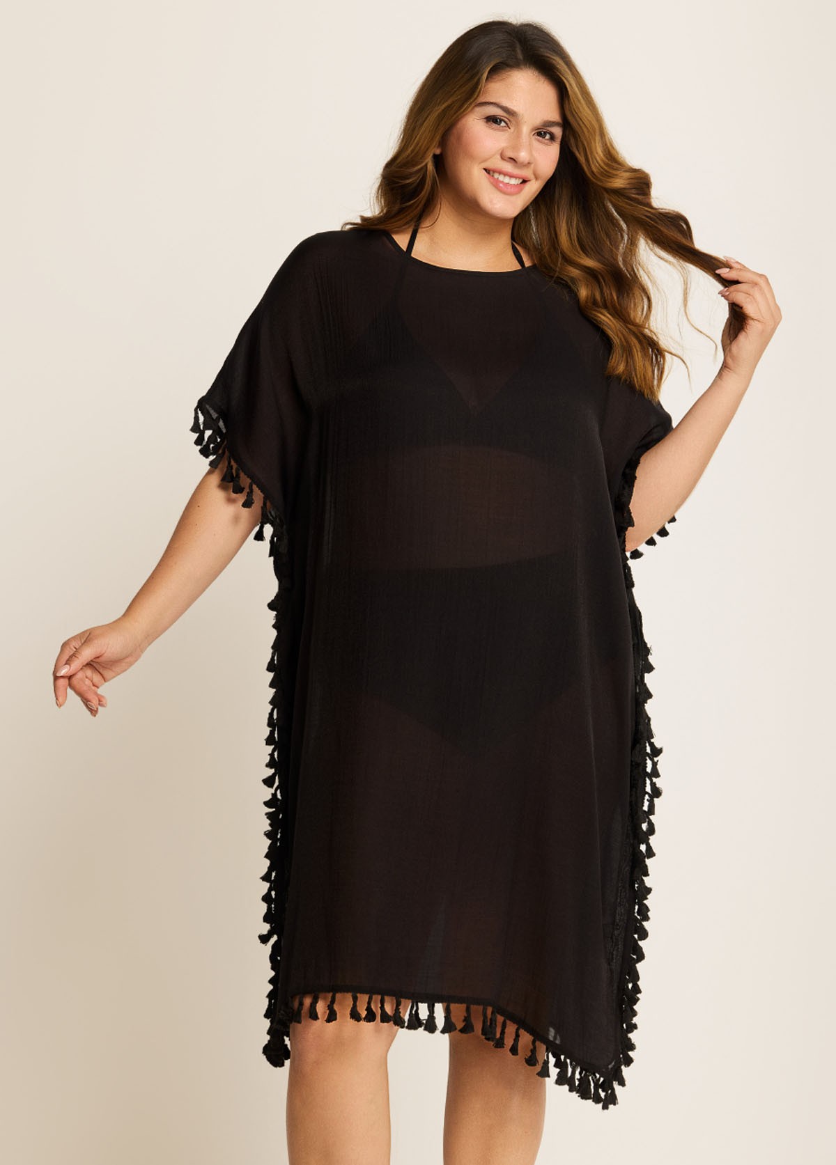 Plus Size Black Tassel Short Sleeve Swimsuit Cover Up Dress