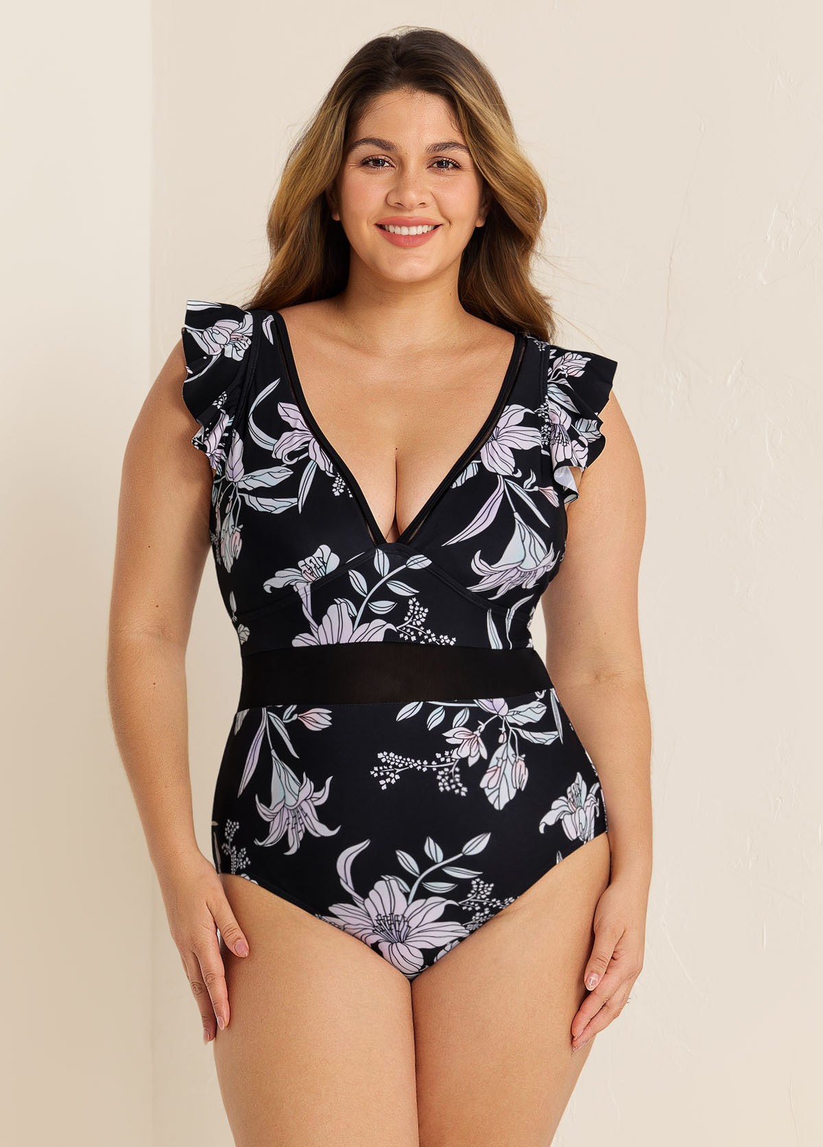 Black And White Floral Print Ruffle V-Neck Mesh One Piece Swimsuit
