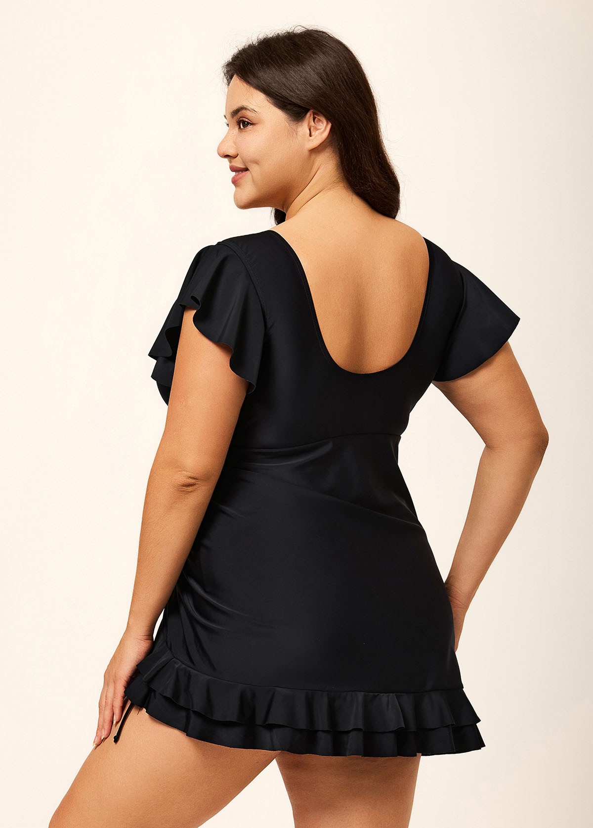 Black V Neck Petal Sleeve Vintage Modest Plus Size Drawstring One Piece Swimsuit