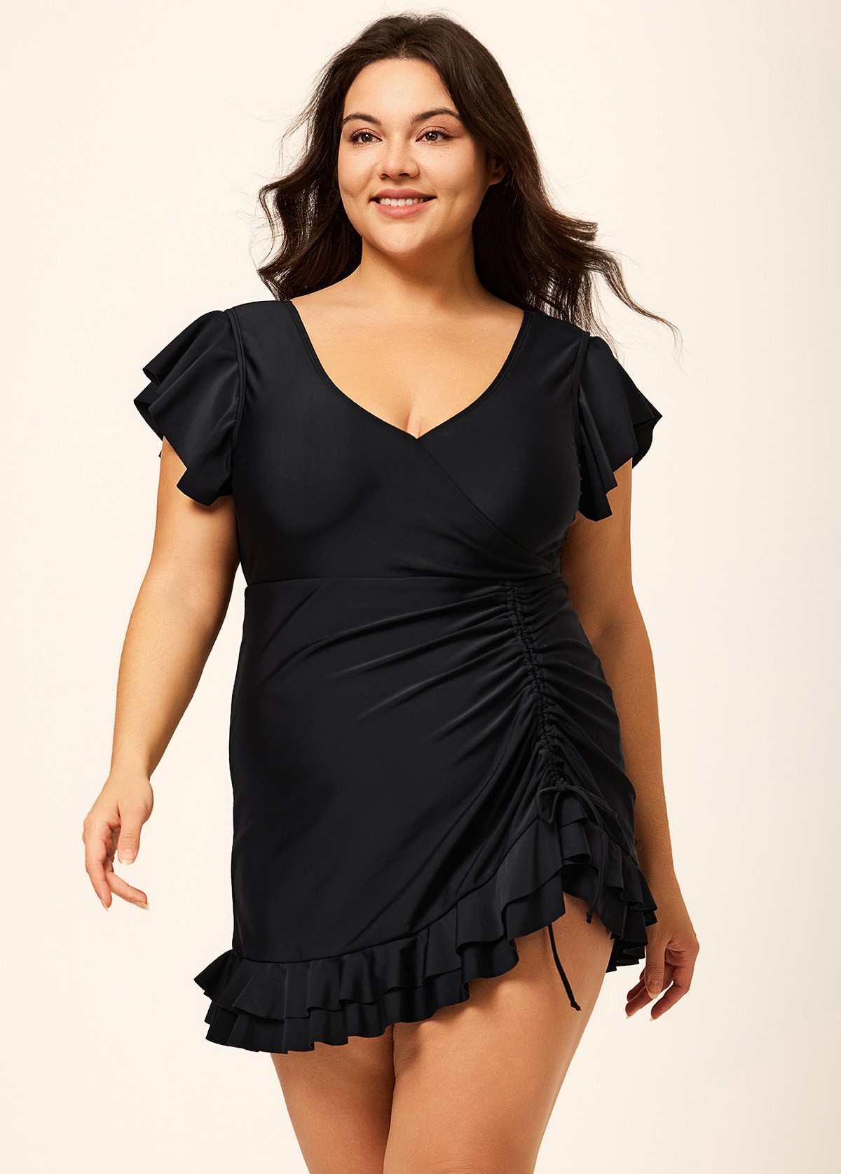 Black V Neck Petal Sleeve Vintage Modest Plus Size Drawstring One Piece Swimsuit