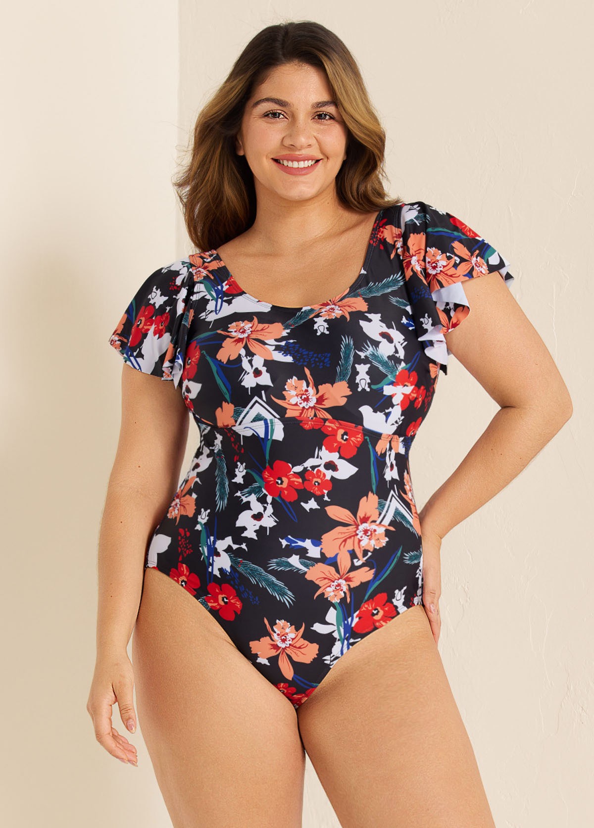 Plus Size Fashionable Floral Print Ruffle Sleeve One Piece Swimsuit