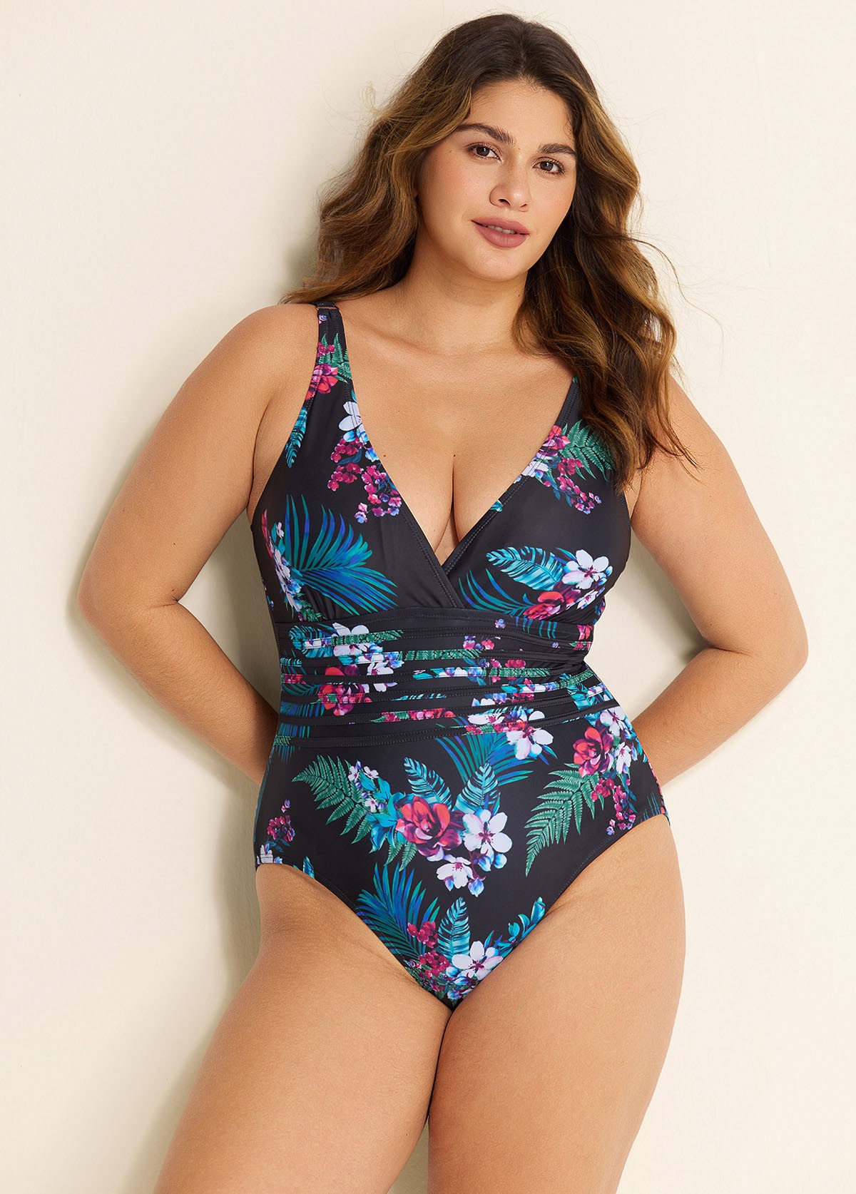 Black Floral Print V Neck Waist Detail One Piece Swimsuit