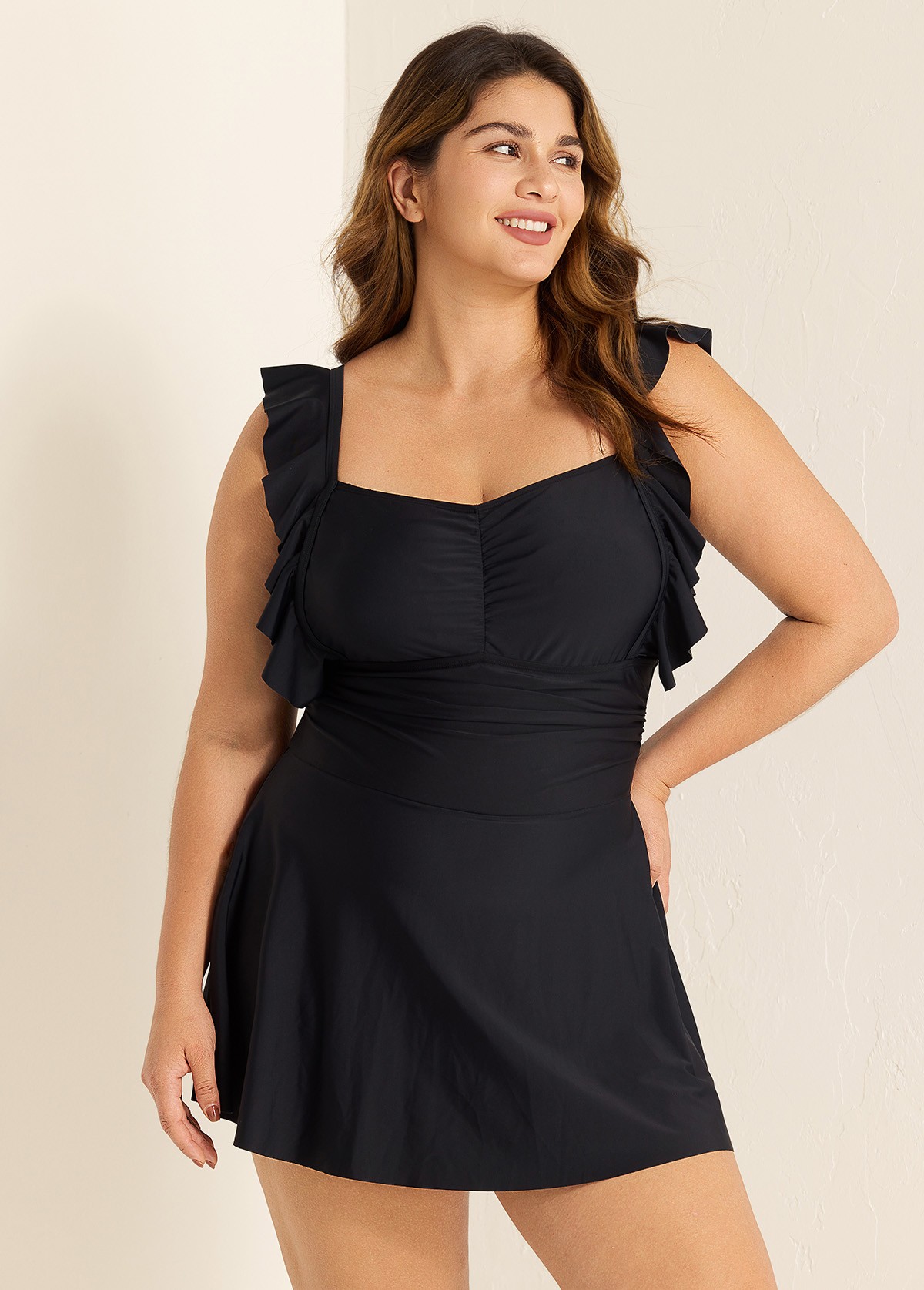 Black Square Neck Ruffled Pleated One Piece Swimsuit