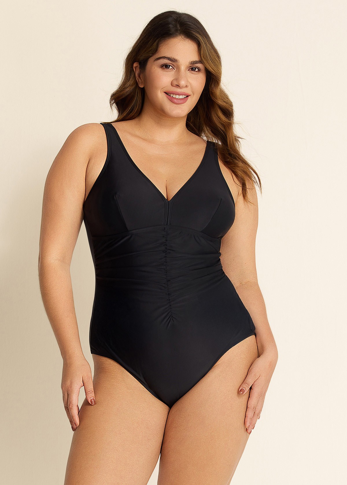 Black V Neck Ruched Cut One Piece Swimsuit