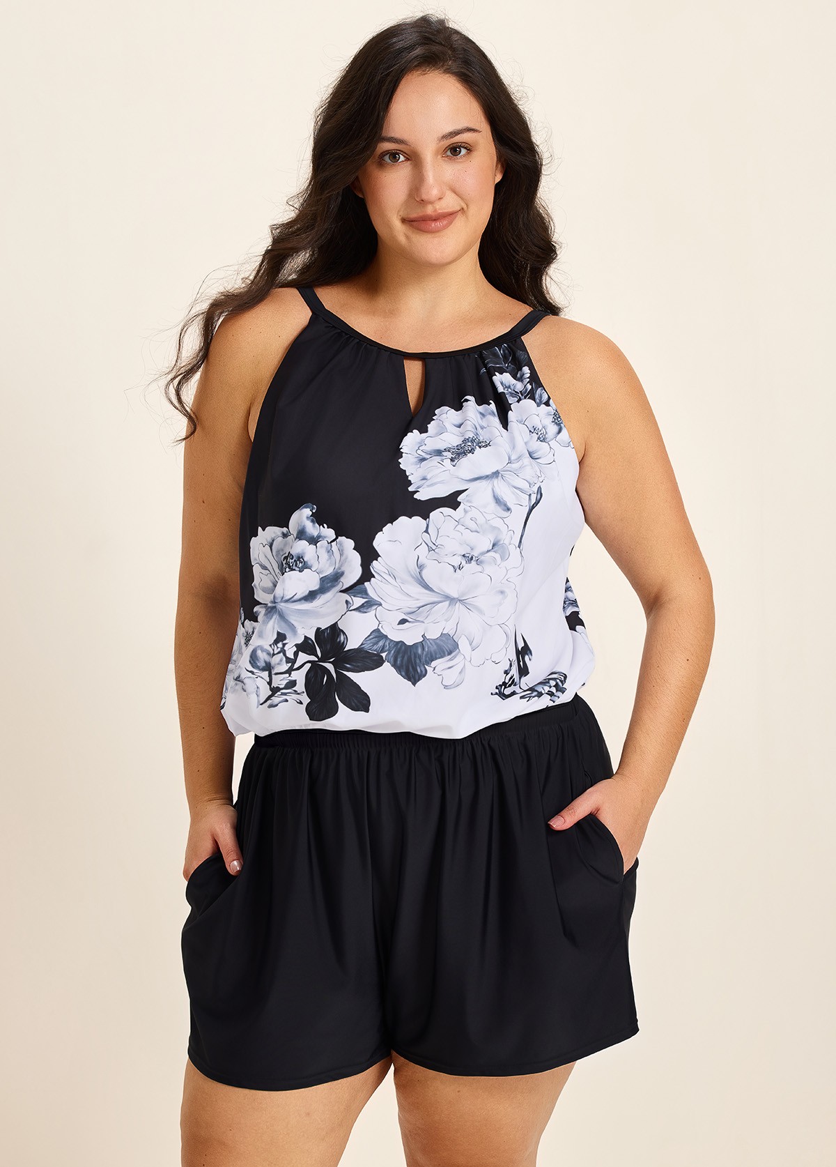 Black And White Floral High Neck Vintage Pocket Plus Size Swimsuit One Piece Swim Romper