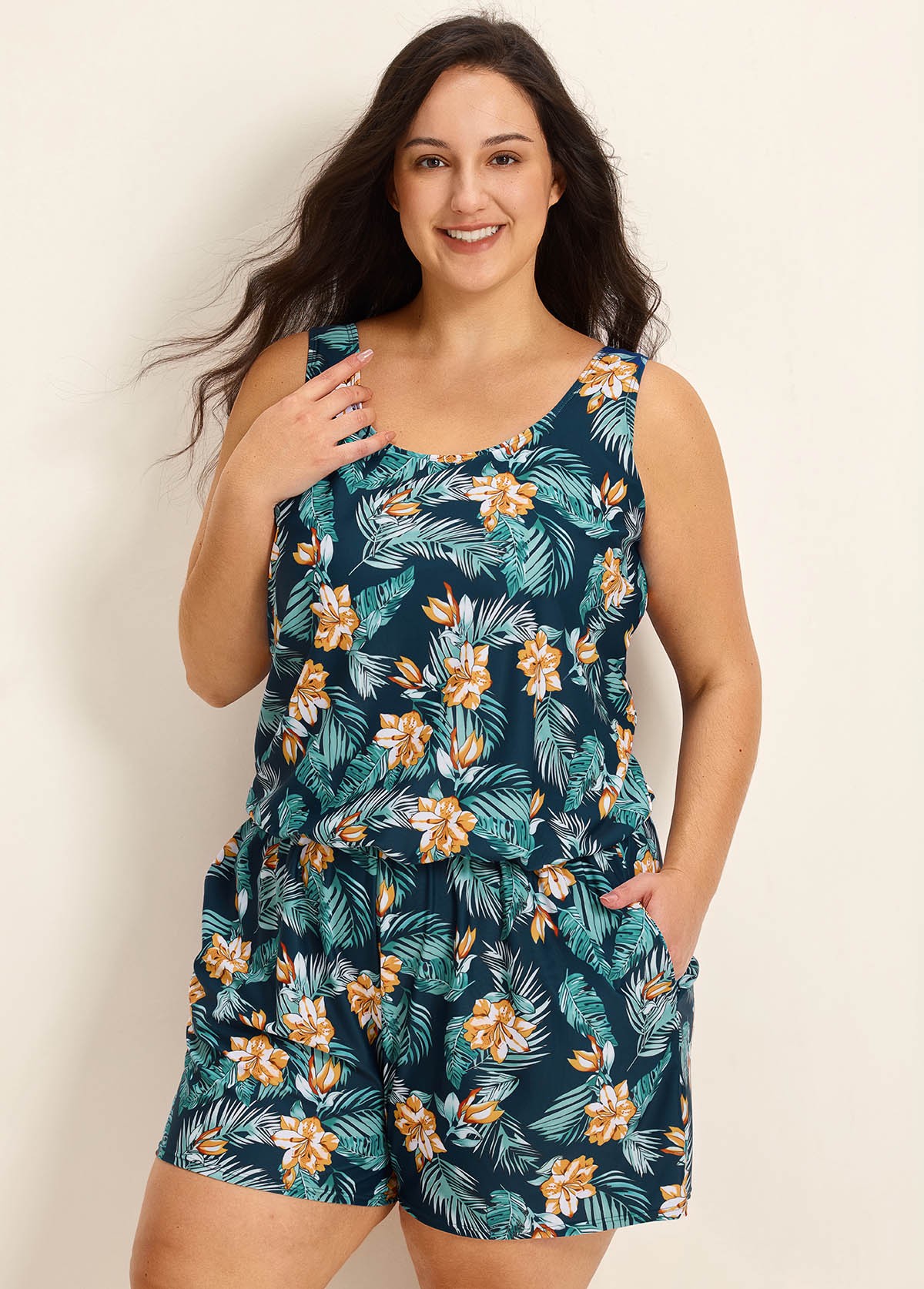 Green Swimming Costume Tropical Floral Scoop Neck Wide Strap Pocket Plus Size Swim Romper