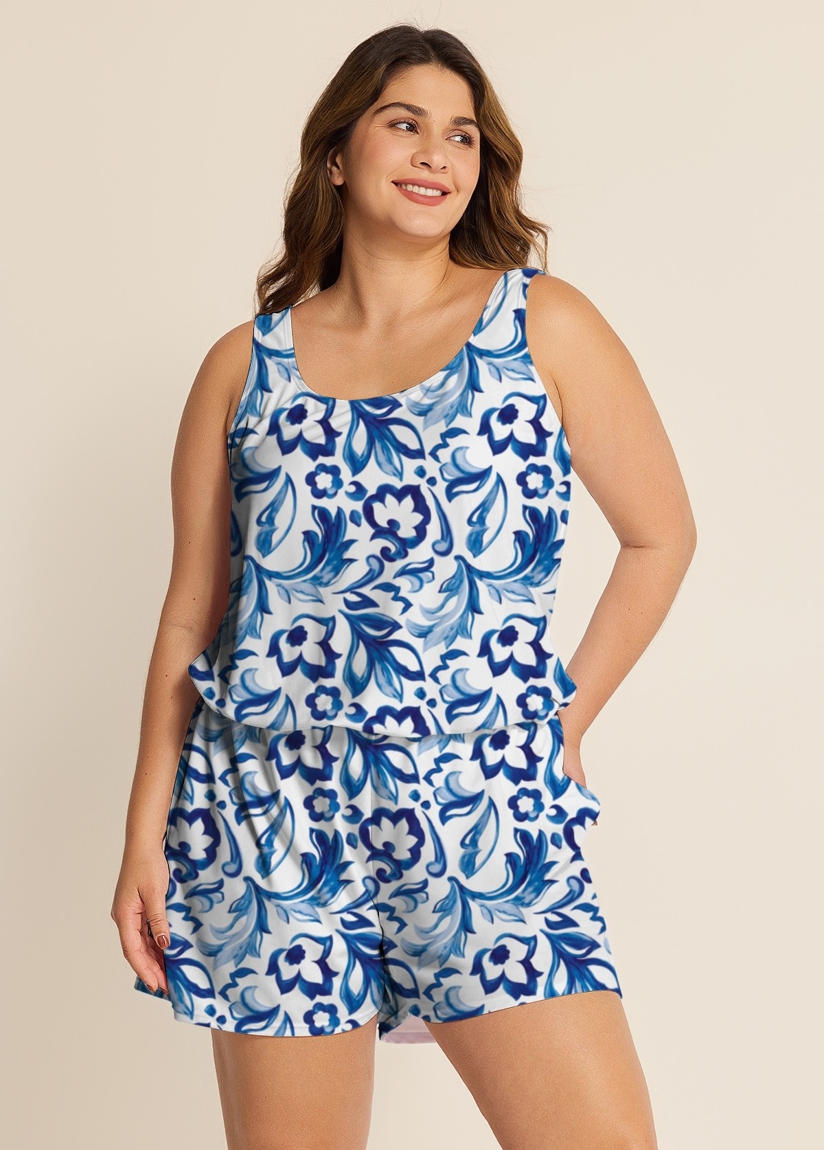 Curvy Blue And White Floral Vintage Wide Straps Pocket Swimsuit One Piece Swim Romper