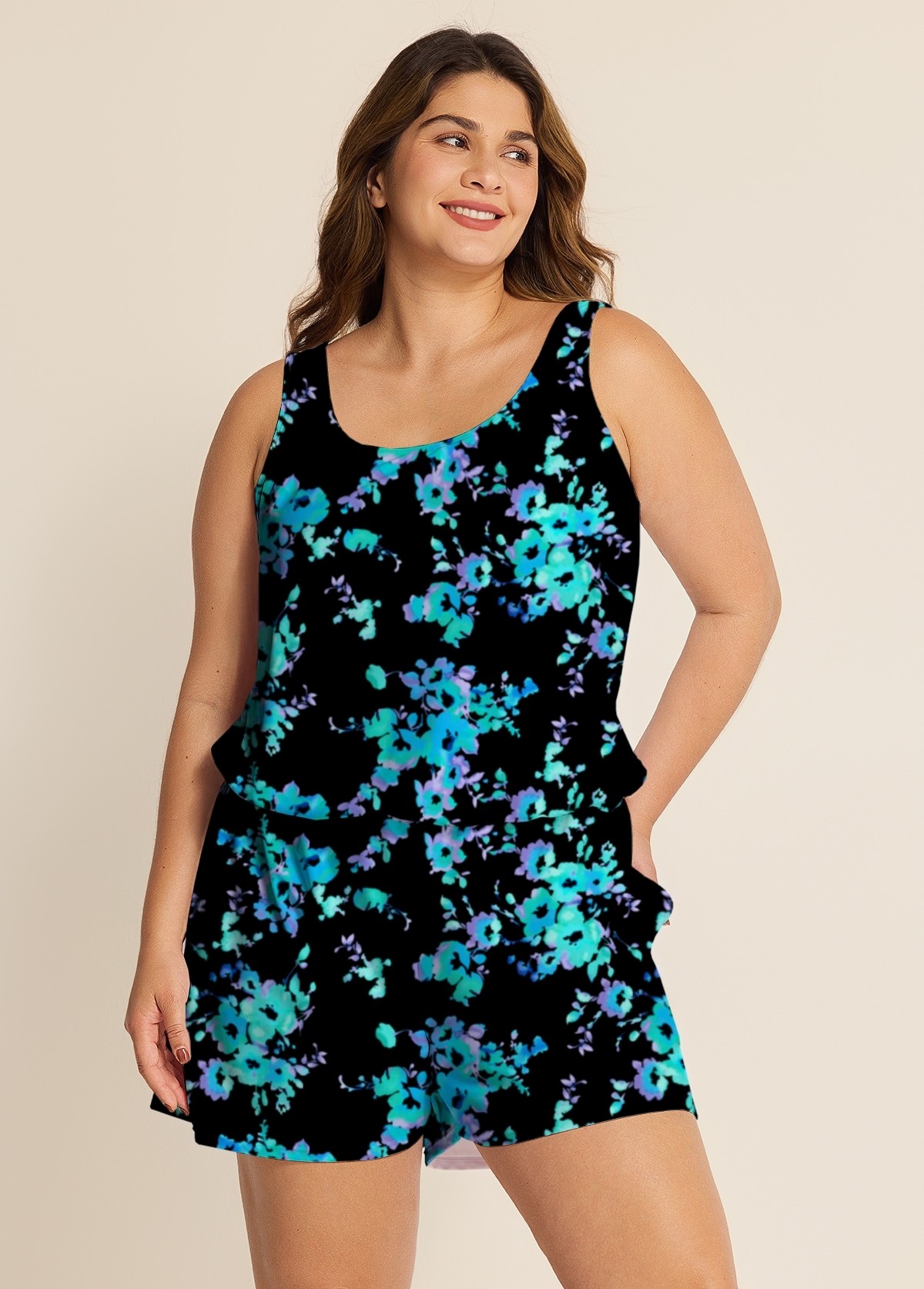 Plus Size Blue Floral Vintage Wide Straps Pocket Women's Swimsuit One Piece Swim Romper
