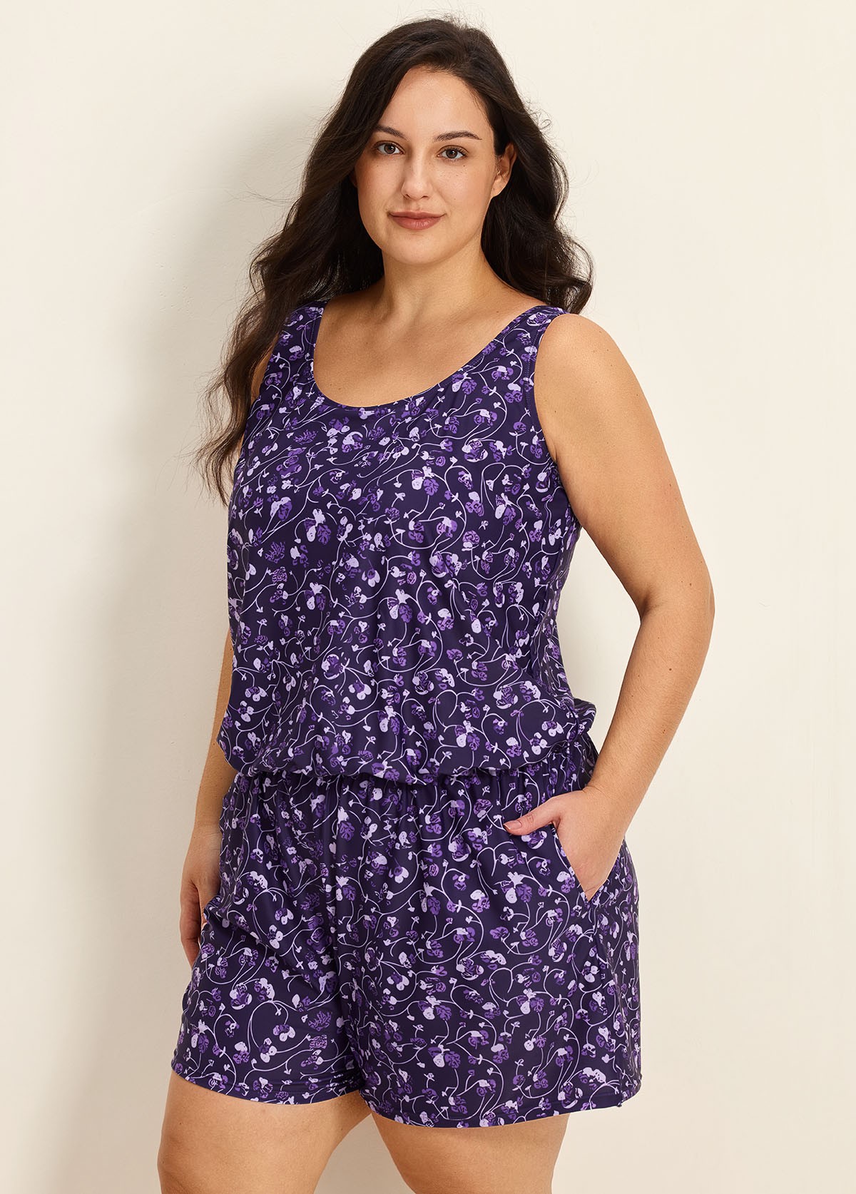 Purple Floral Modest Wide Straps Pocket Plus Size Women's Swimsuit One Piece Swim Romper