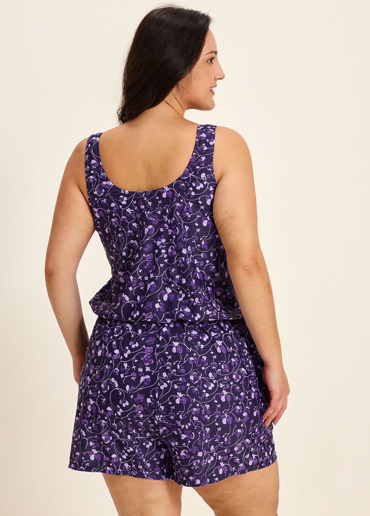 Purple Floral Modest Wide Straps Pocket Plus Size Women's Swimsuit One Piece Swim Romper