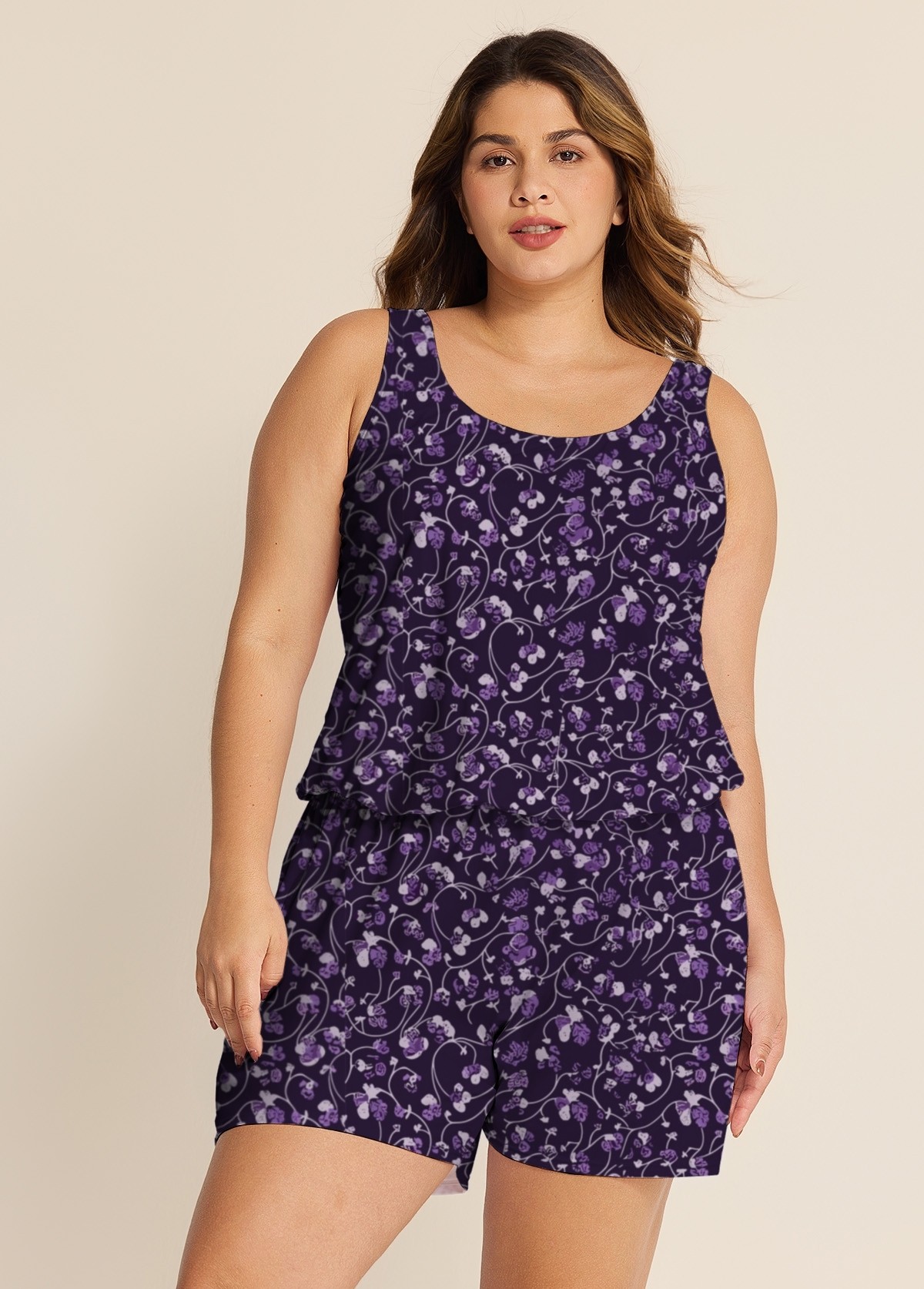 Purple Floral Modest Wide Straps Pocket Plus Size Women's Swimsuit One Piece Swim Romper