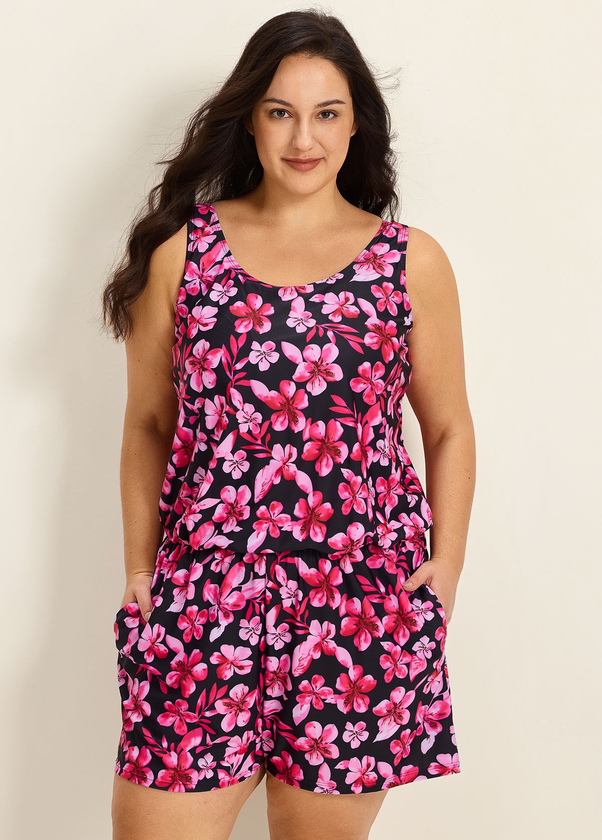 Plus Size Pink Floral Modest Wide Straps Pocket Women's Swimsuit One Piece Swim Romper