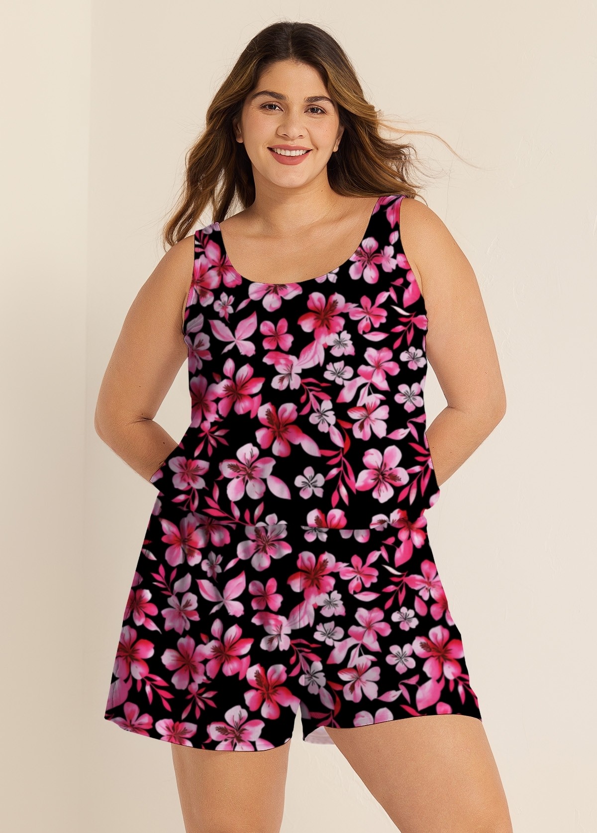 Plus Size Pink Floral Modest Wide Straps Pocket Women's Swimsuit One Piece Swim Romper