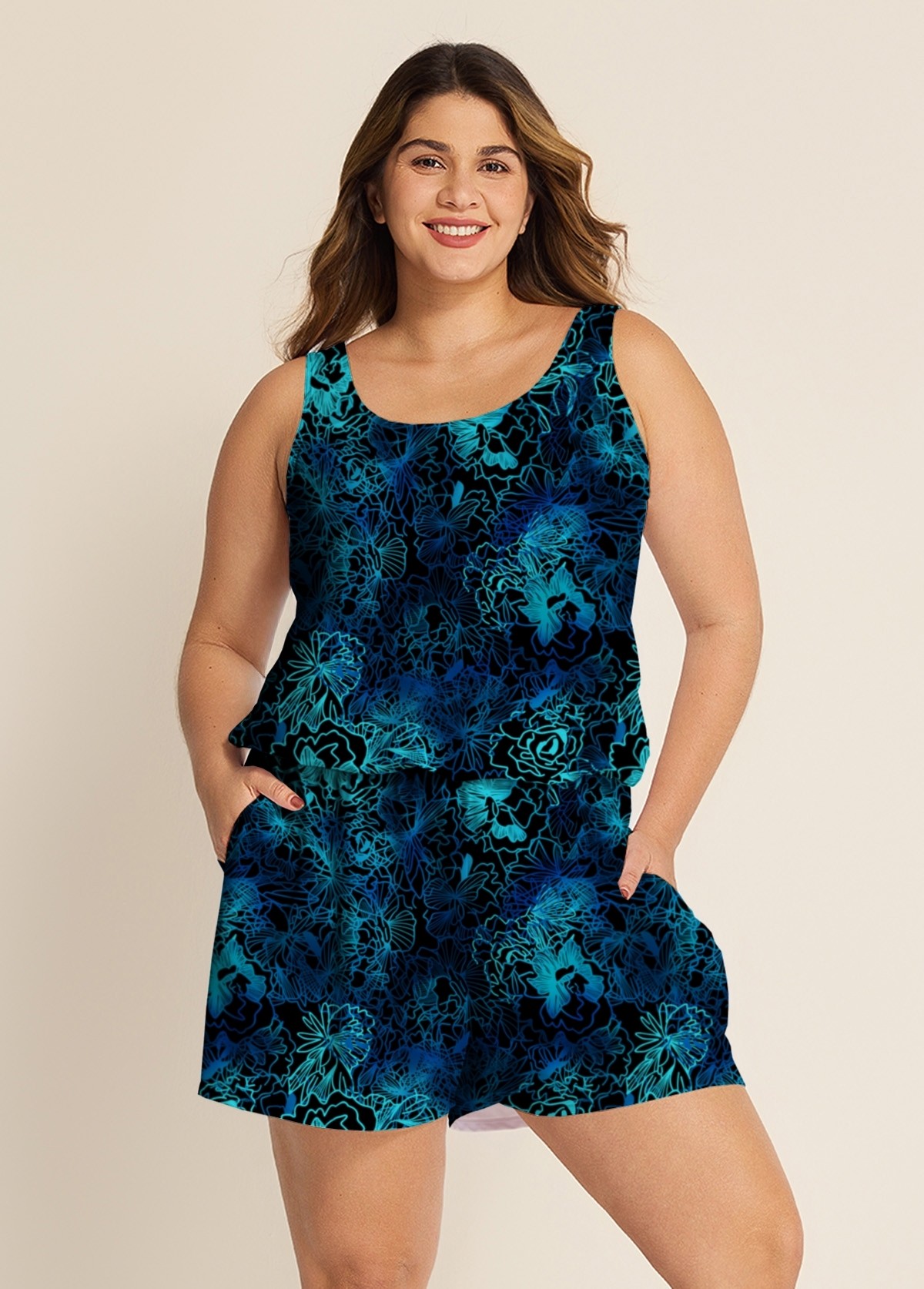 Curvy Navy Floral Vintage Wide Straps Pocket Women's Swimsuit One Piece Swim Romper