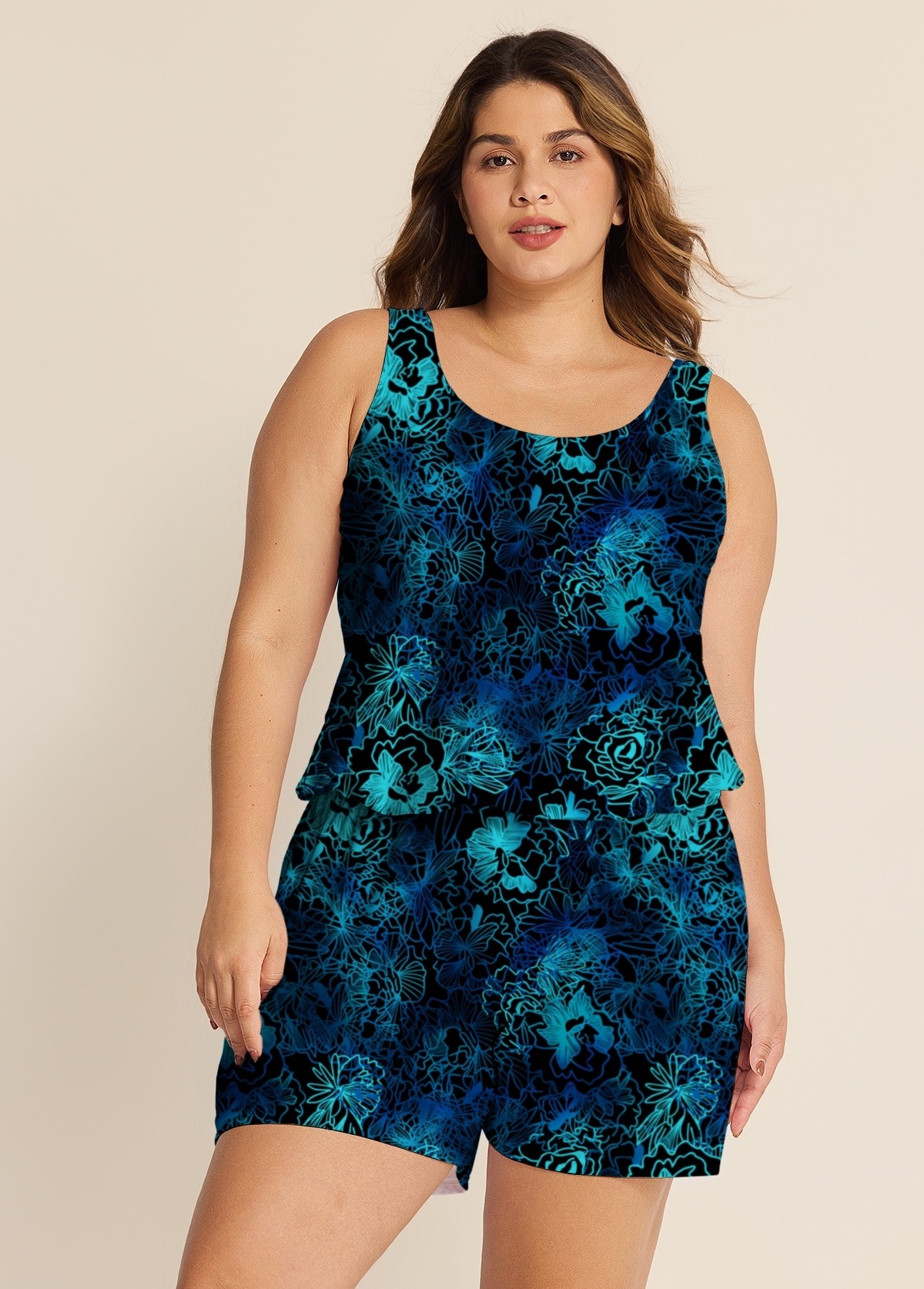 Curvy Navy Floral Vintage Wide Straps Pocket Women's Swimsuit One Piece Swim Romper