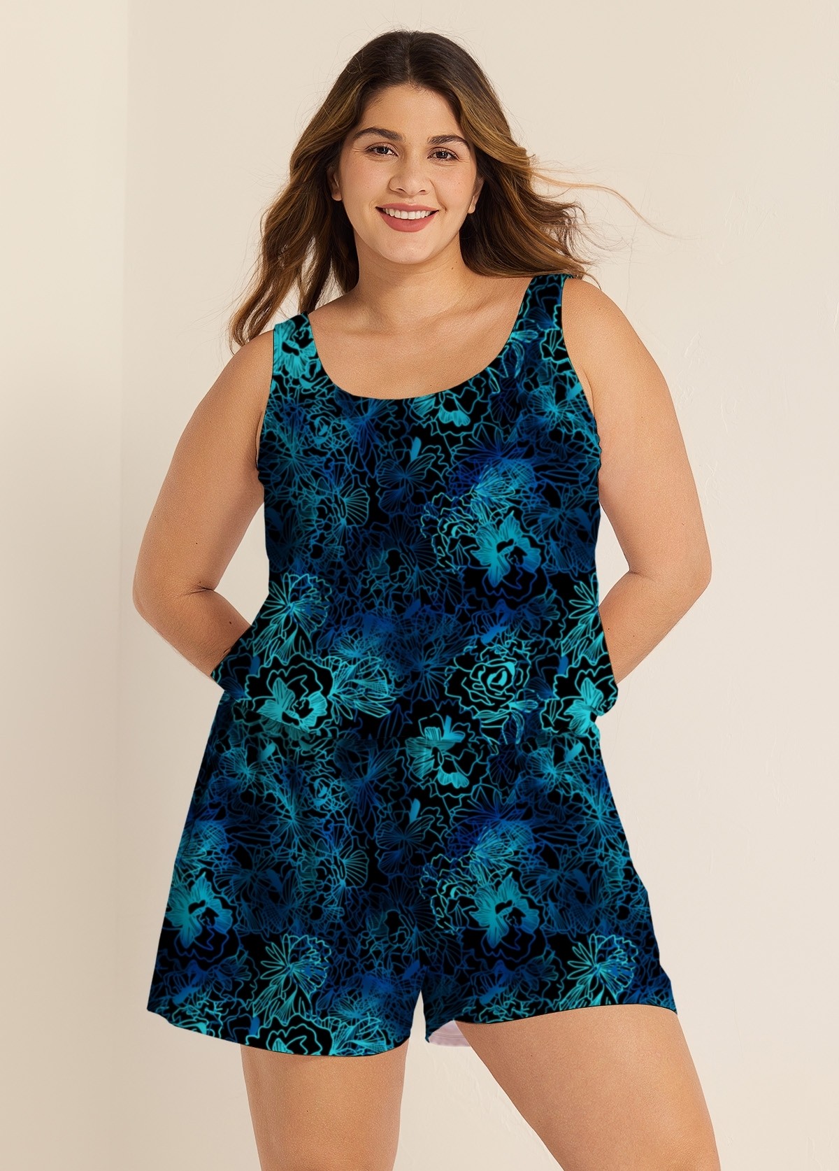 Curvy Navy Floral Vintage Wide Straps Pocket Women's Swimsuit One Piece Swim Romper