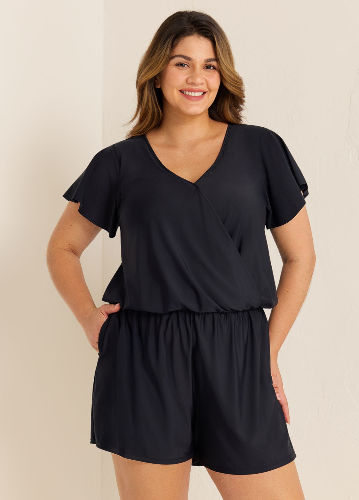 Black Short Sleeves Pocket Curvy 1 Piece Bathing Suits Romper One Piece Swimsuit