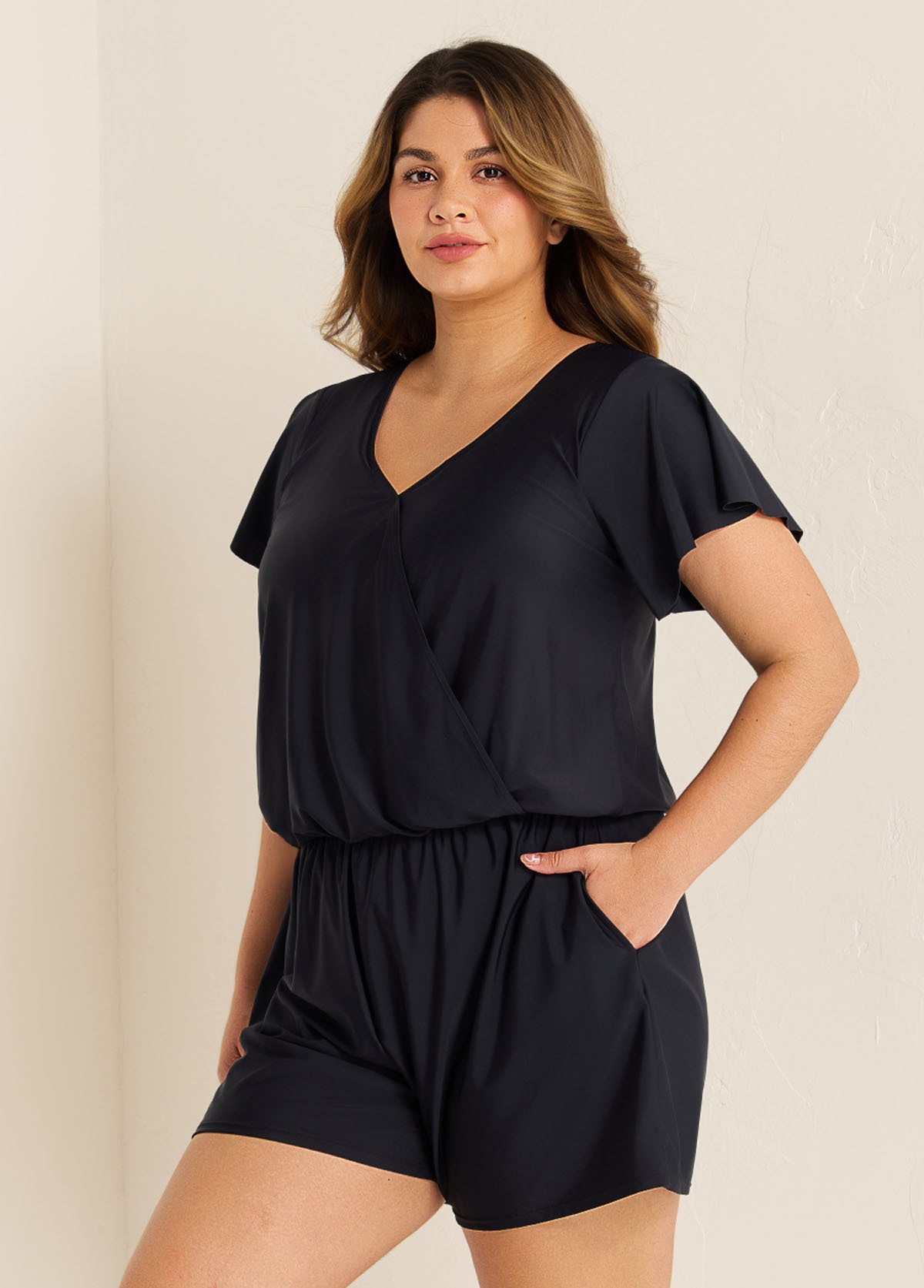 Black Short Sleeves Pocket Curvy 1 Piece Bathing Suits Romper One Piece Swimsuit