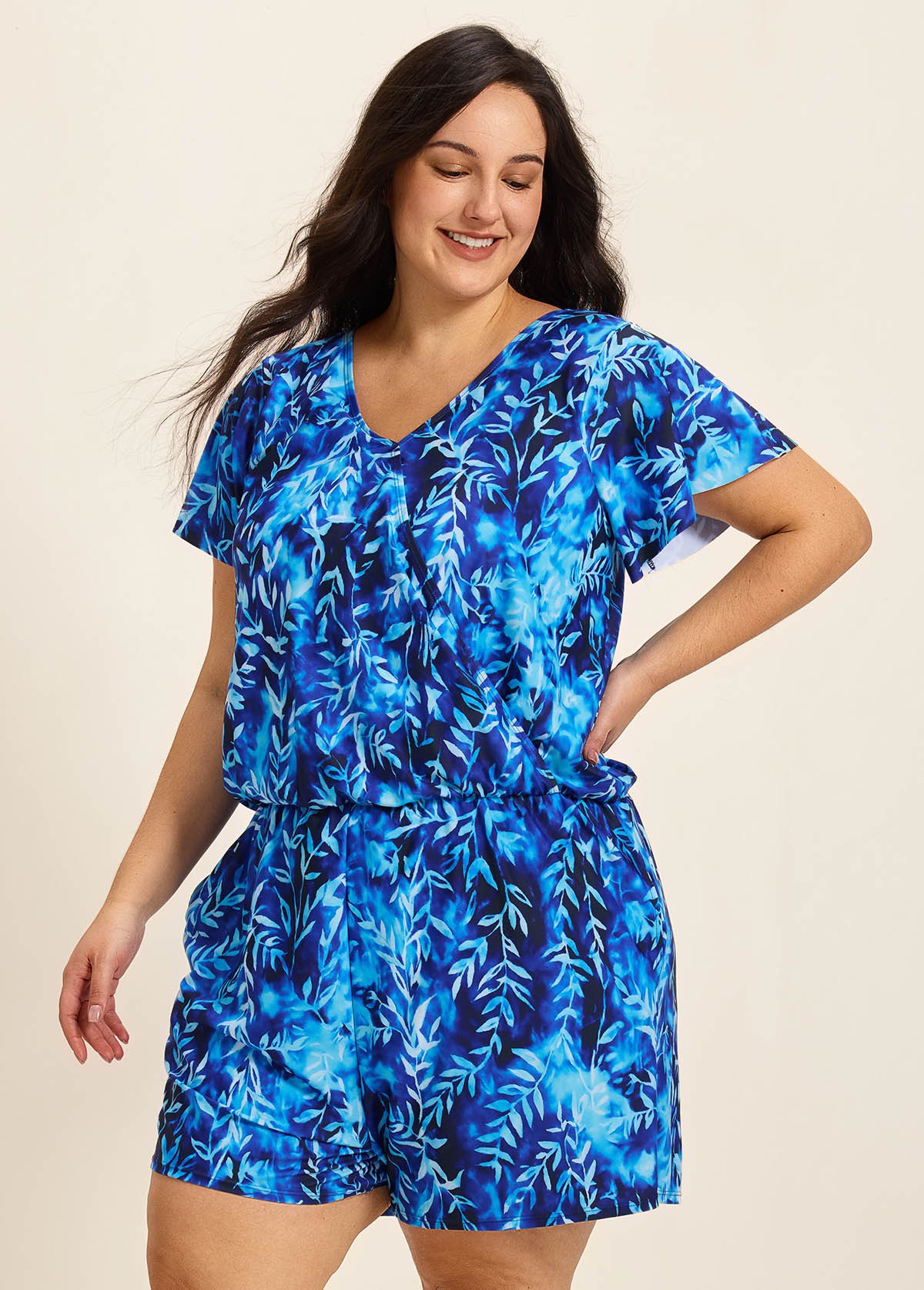 Blue Leaf V Neck Upf50+ Short Sleeves Vintage Pocket Curvy Swimsuit One Piece Swim Romper