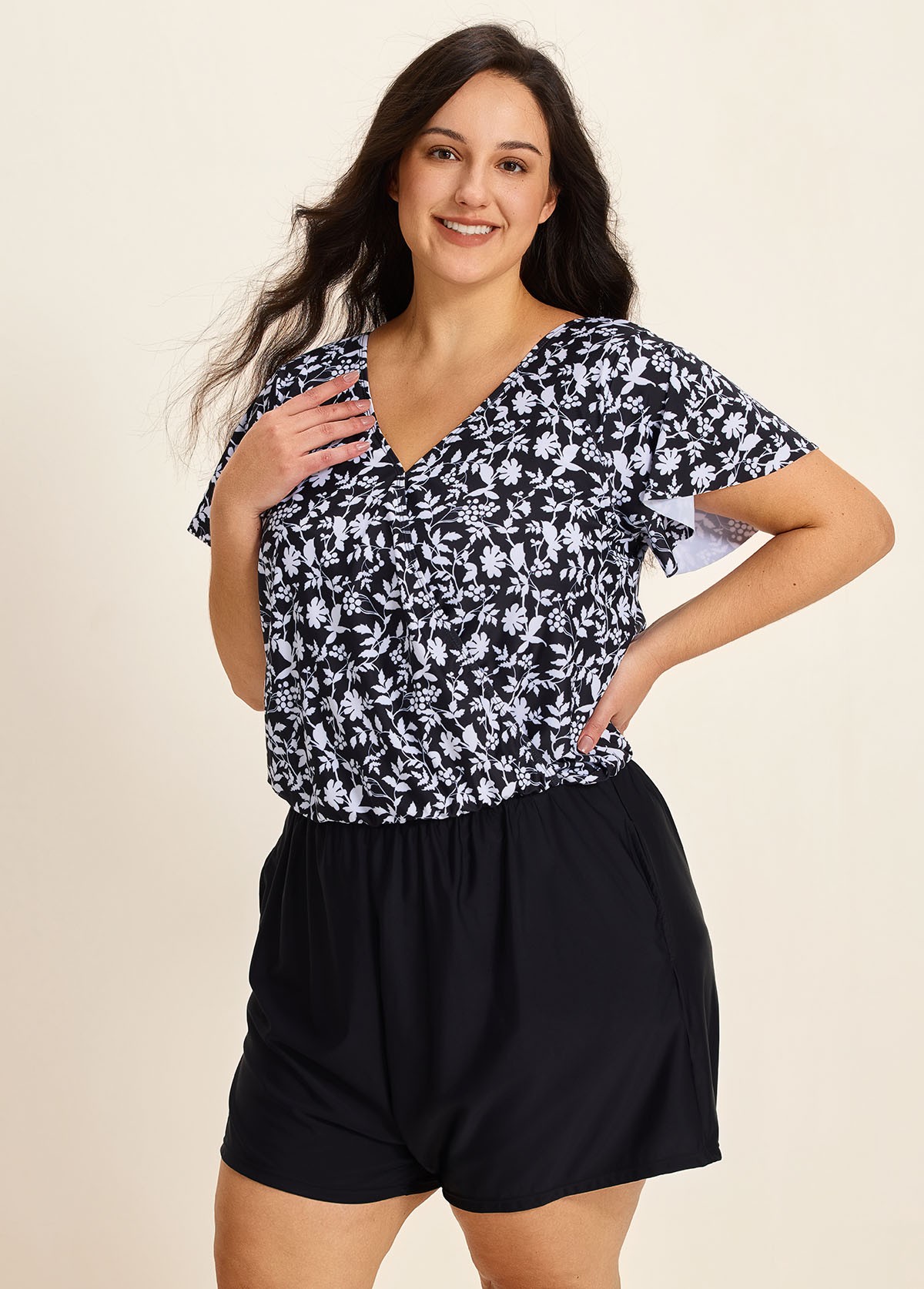 Plus Size Black Floral Upf50+ Short Sleeves Modest Pocket Swimsuit One Piece Swim Romper