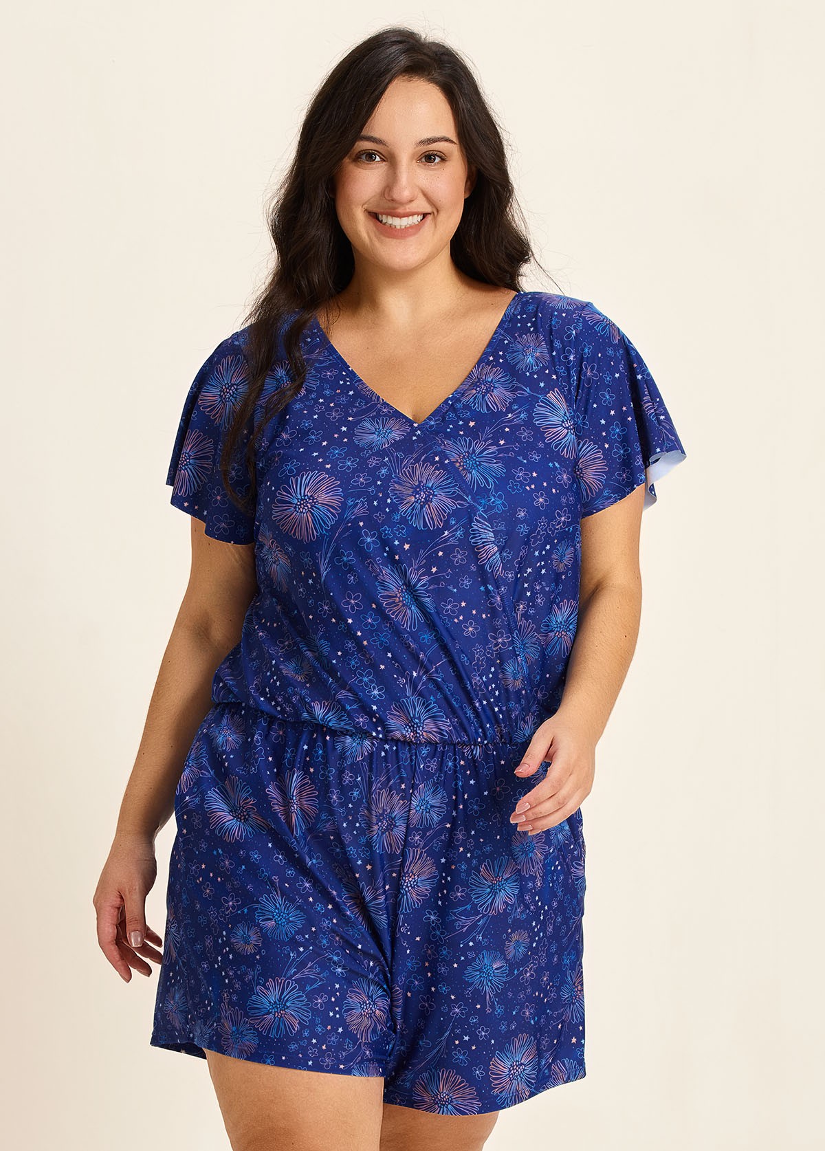 Curvy Navy Blue Floral Print Upf50+ Short Sleeves Pocket Swimsuit One Piece Swim Romper